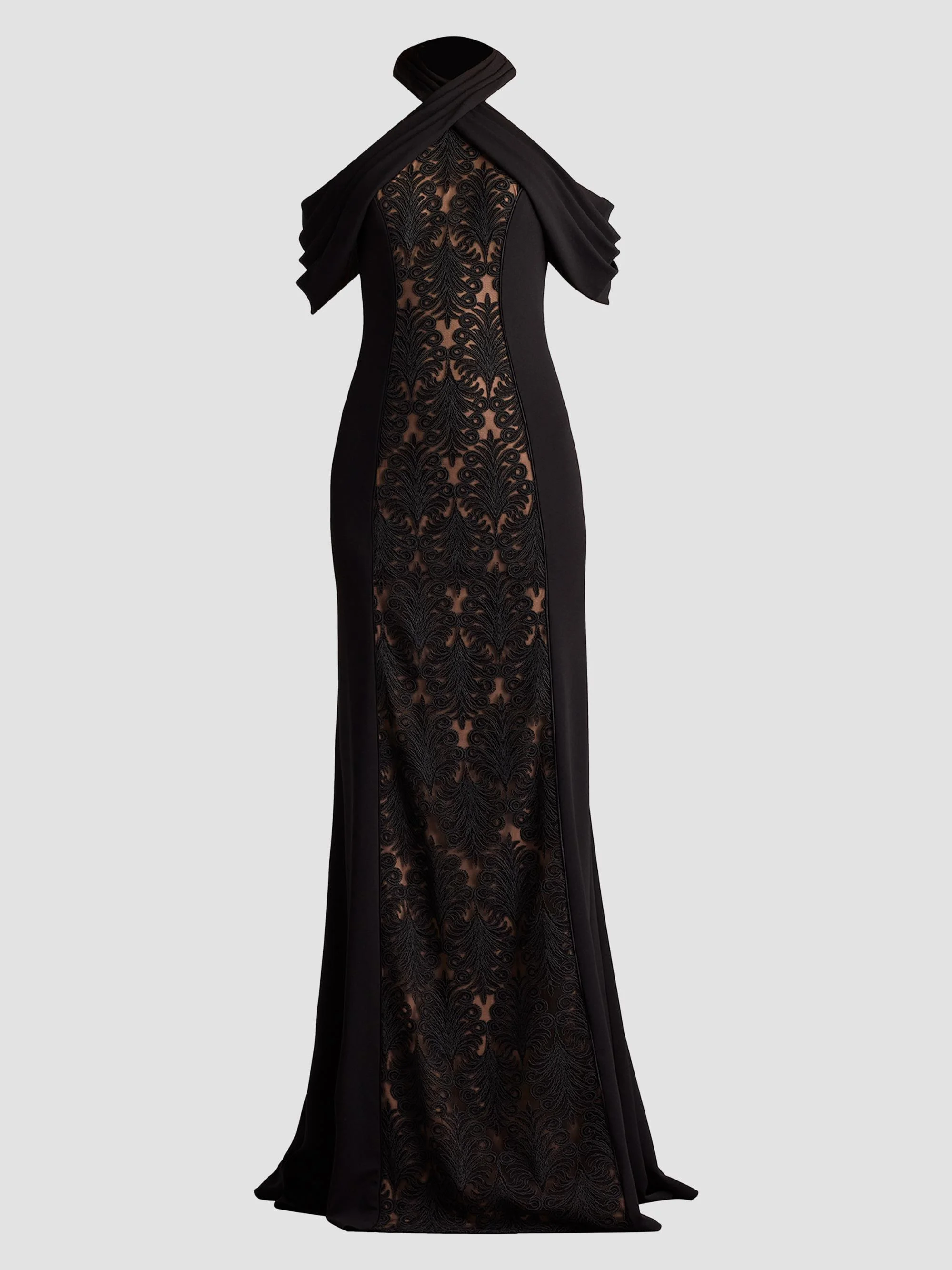 Women's Cold-Shoulder Corded Lace Gown - Black Beige - 1