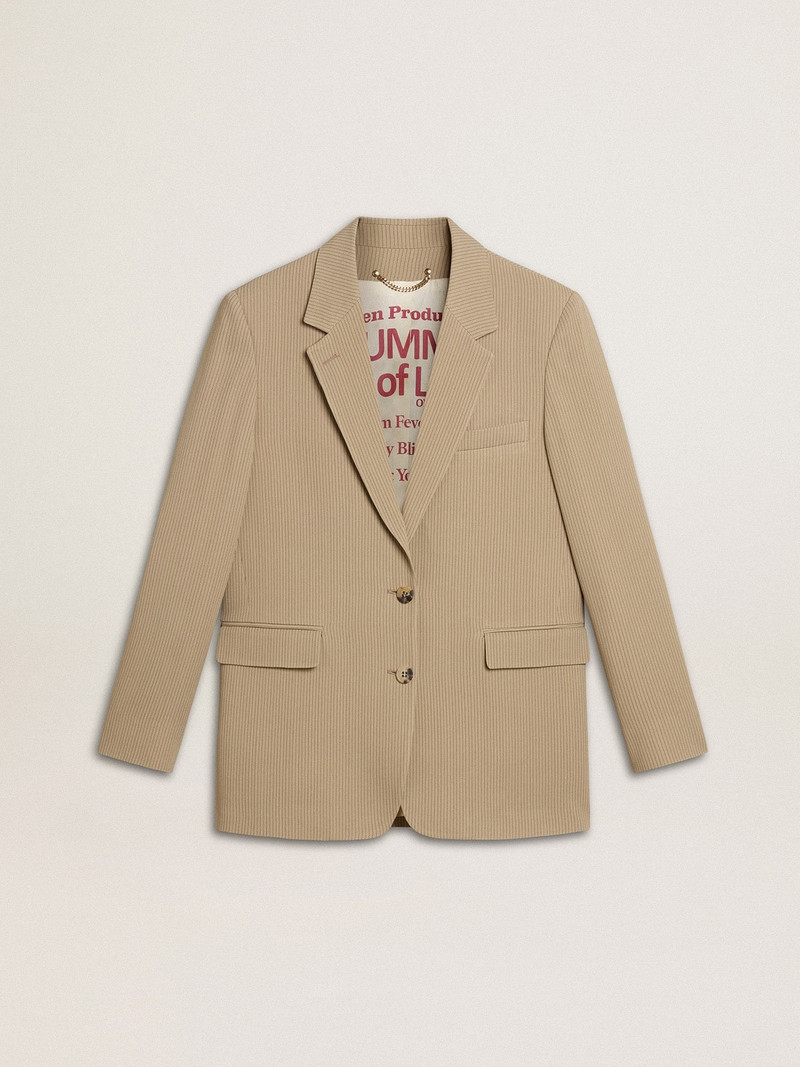 Women's beige pinstripe single-breasted jacket with an oversized fit - 1
