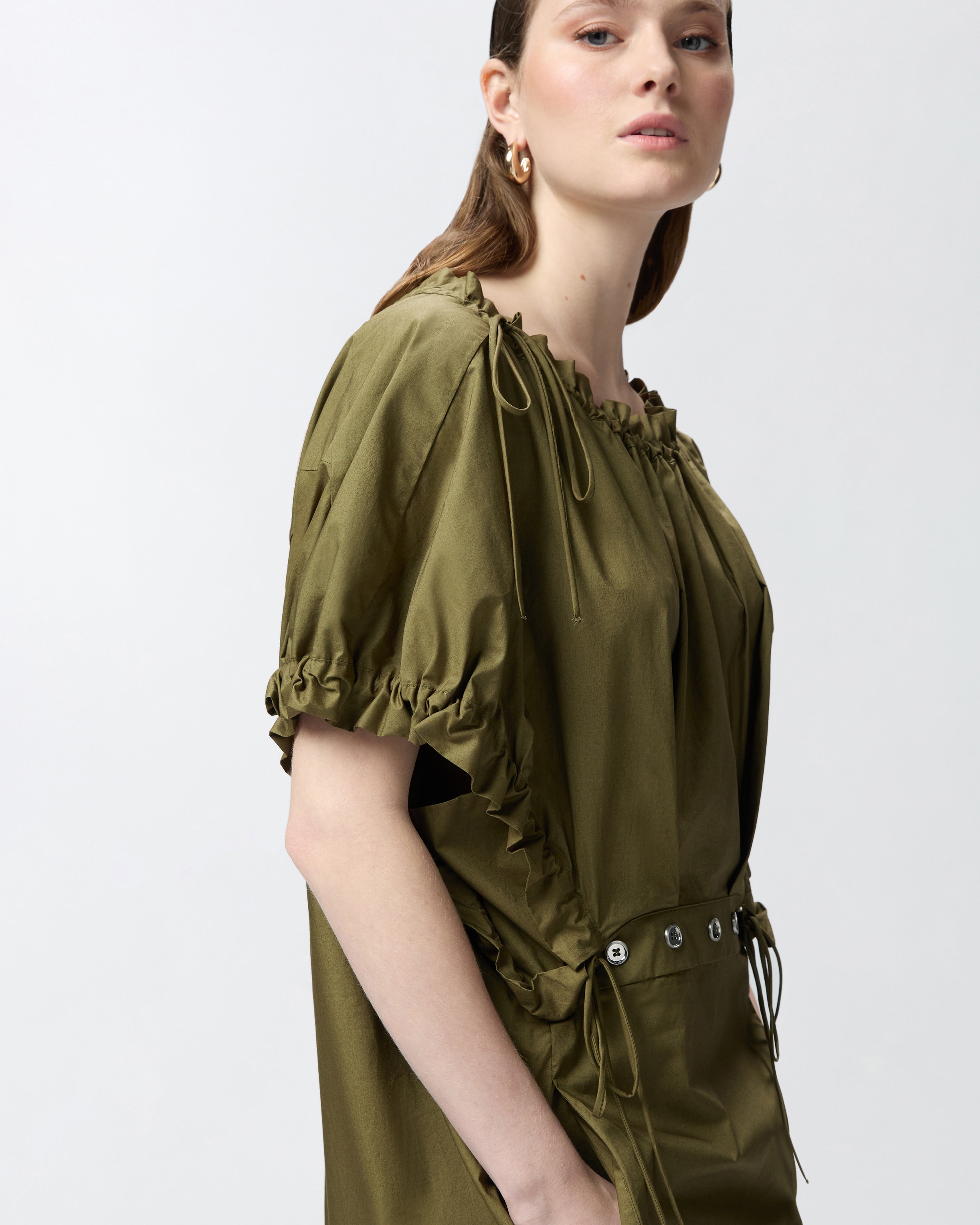 SHORT POPLIN DRESS WITH GATHERS AND EYELETS - 5