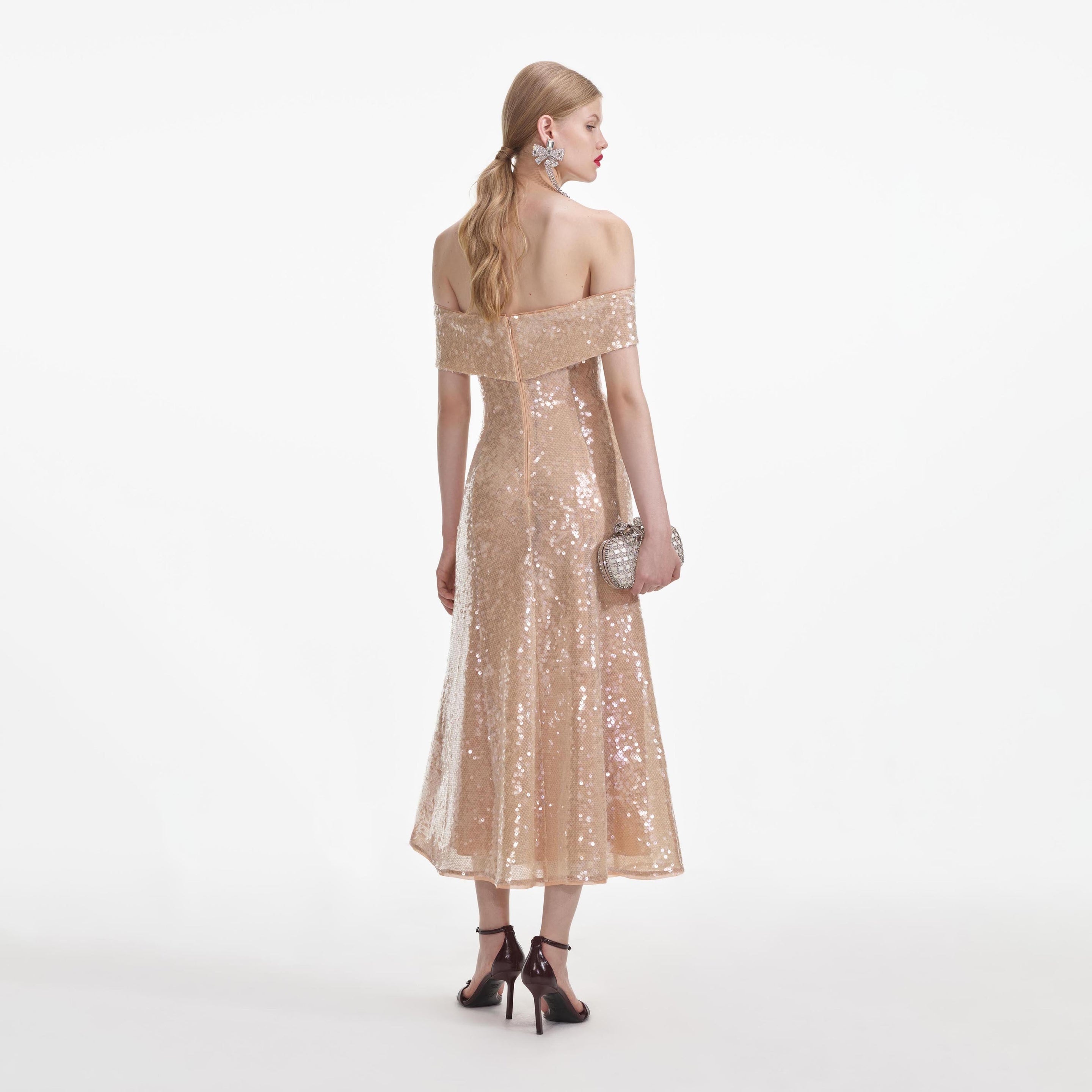 Gold Sequin Off Shoulder Midi Dress - 3