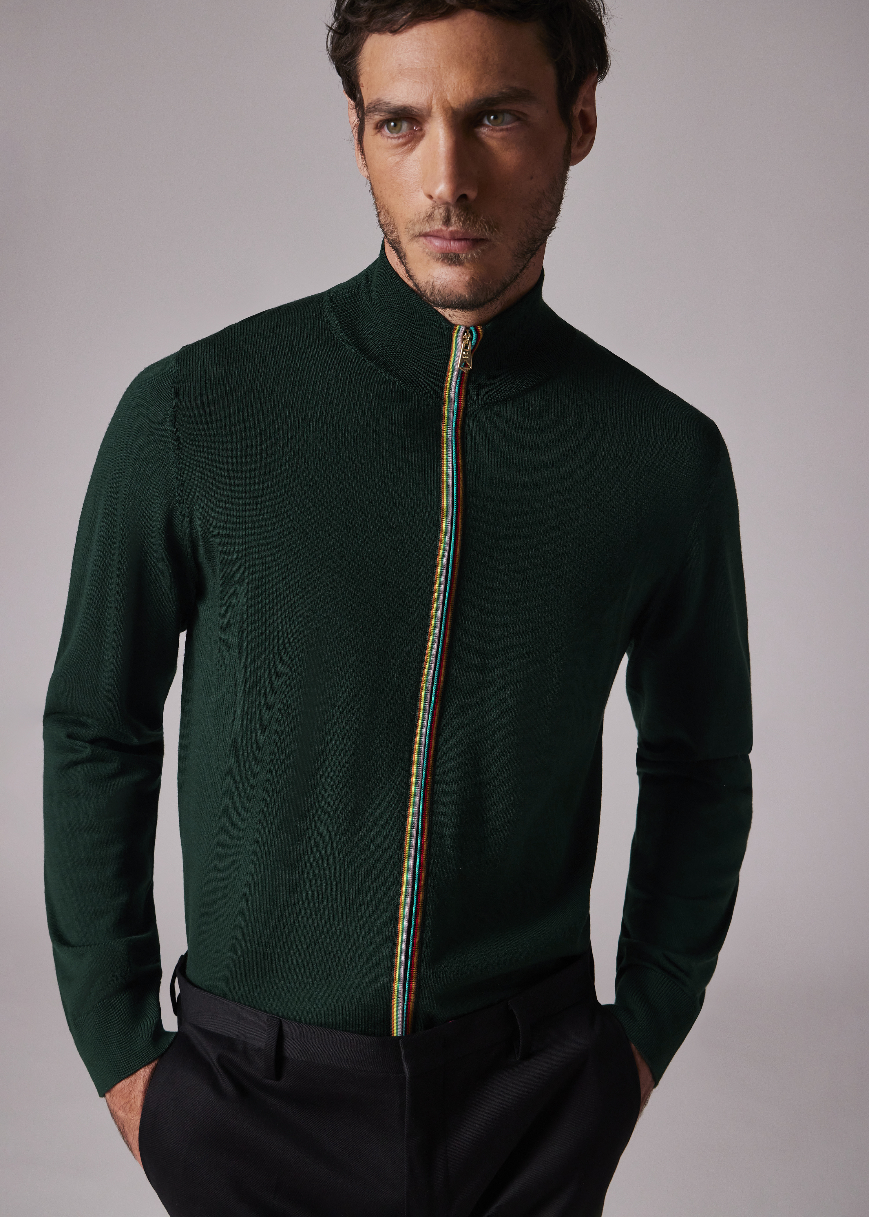 Dark Green Washable Merino Wool 'Signature Stripe' Zip Cardigan - 3