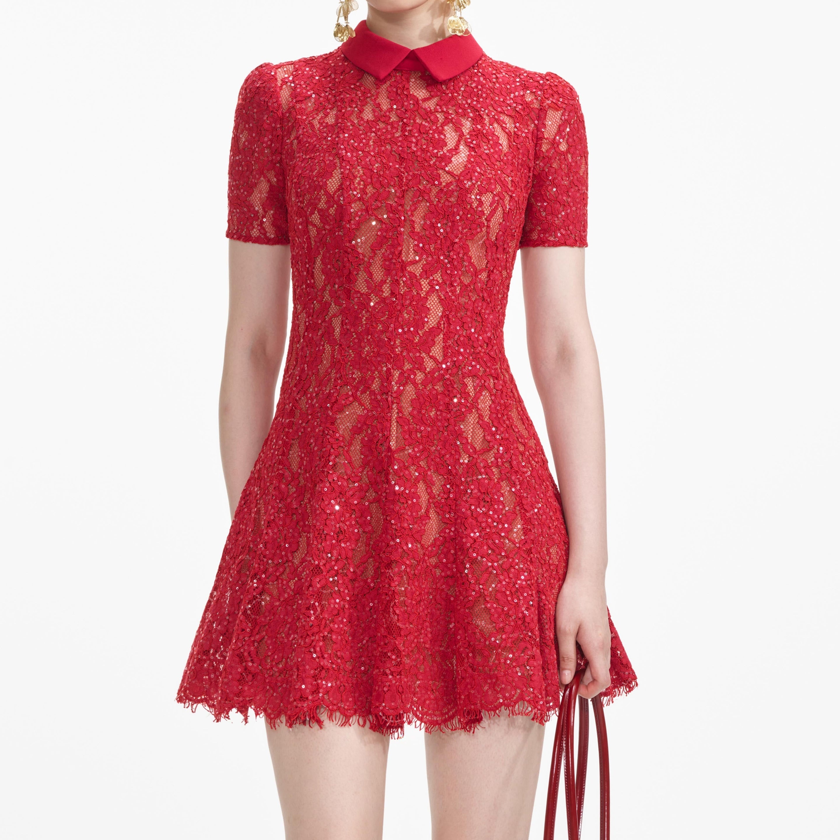 Red Sequin Lace Mini Dress - 4