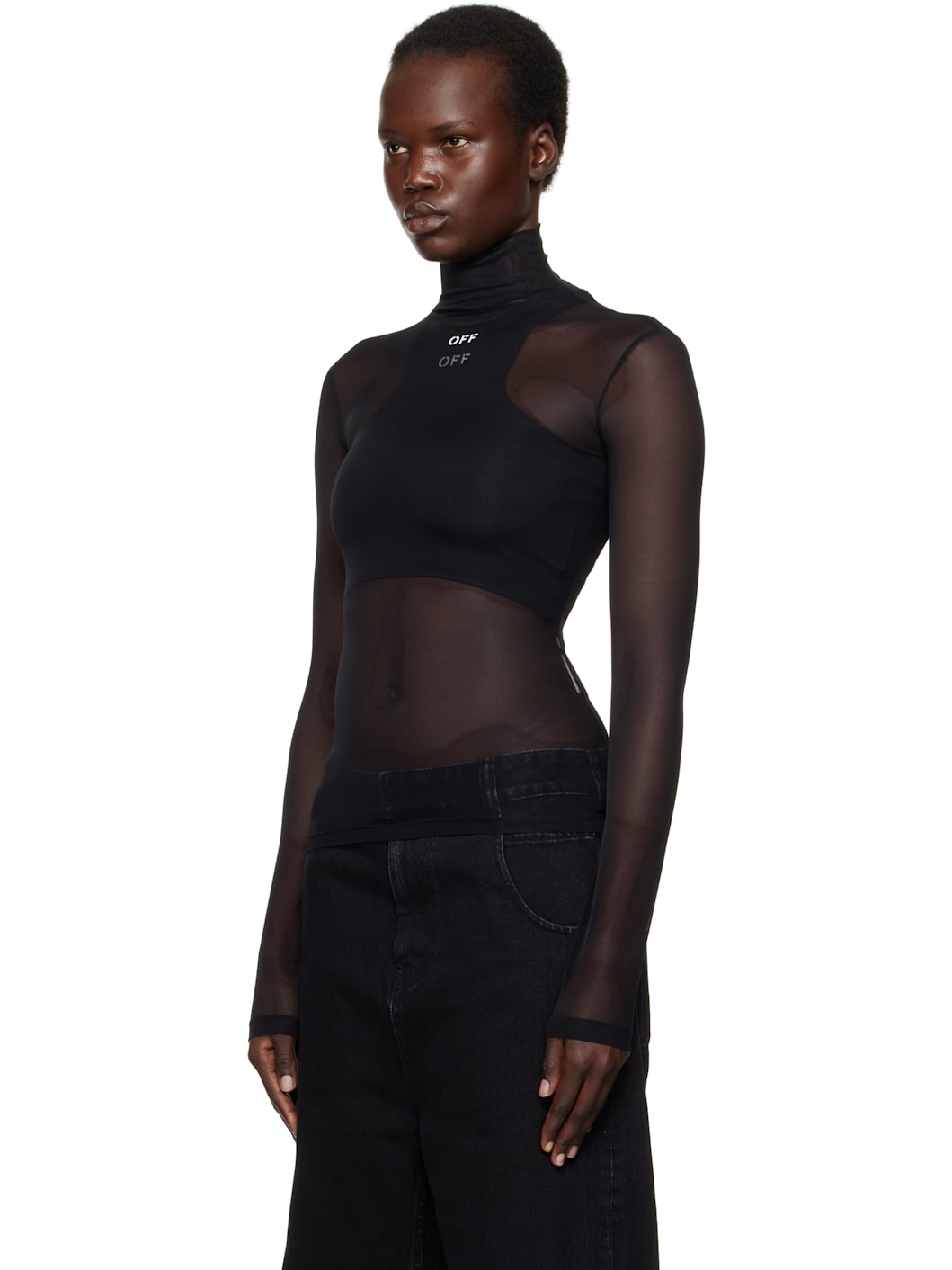 Black 'Off' Stamp Mesh L/S Turtleneck - 4