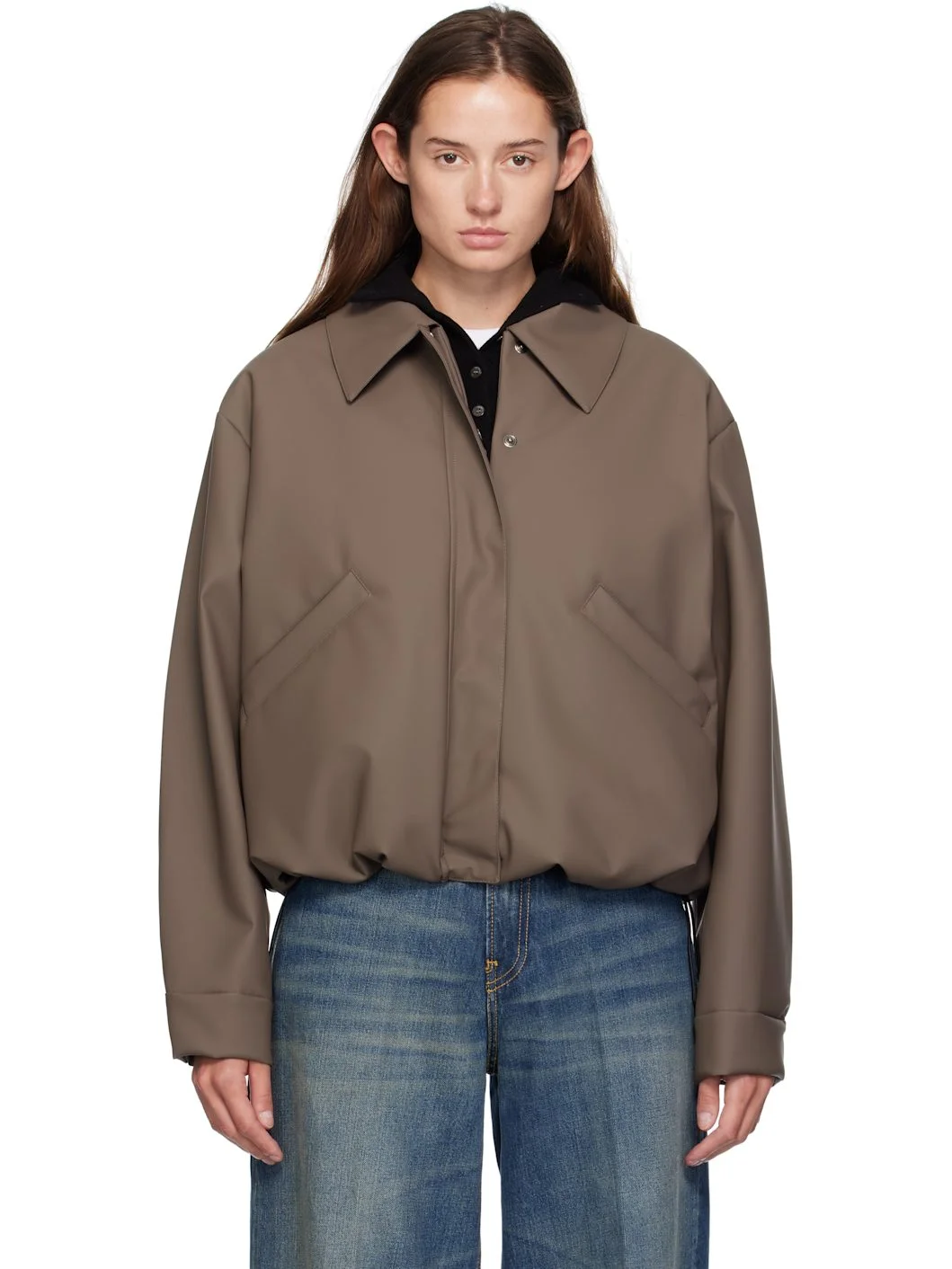 Taupe Short Rubber Bomber Jacket - 1