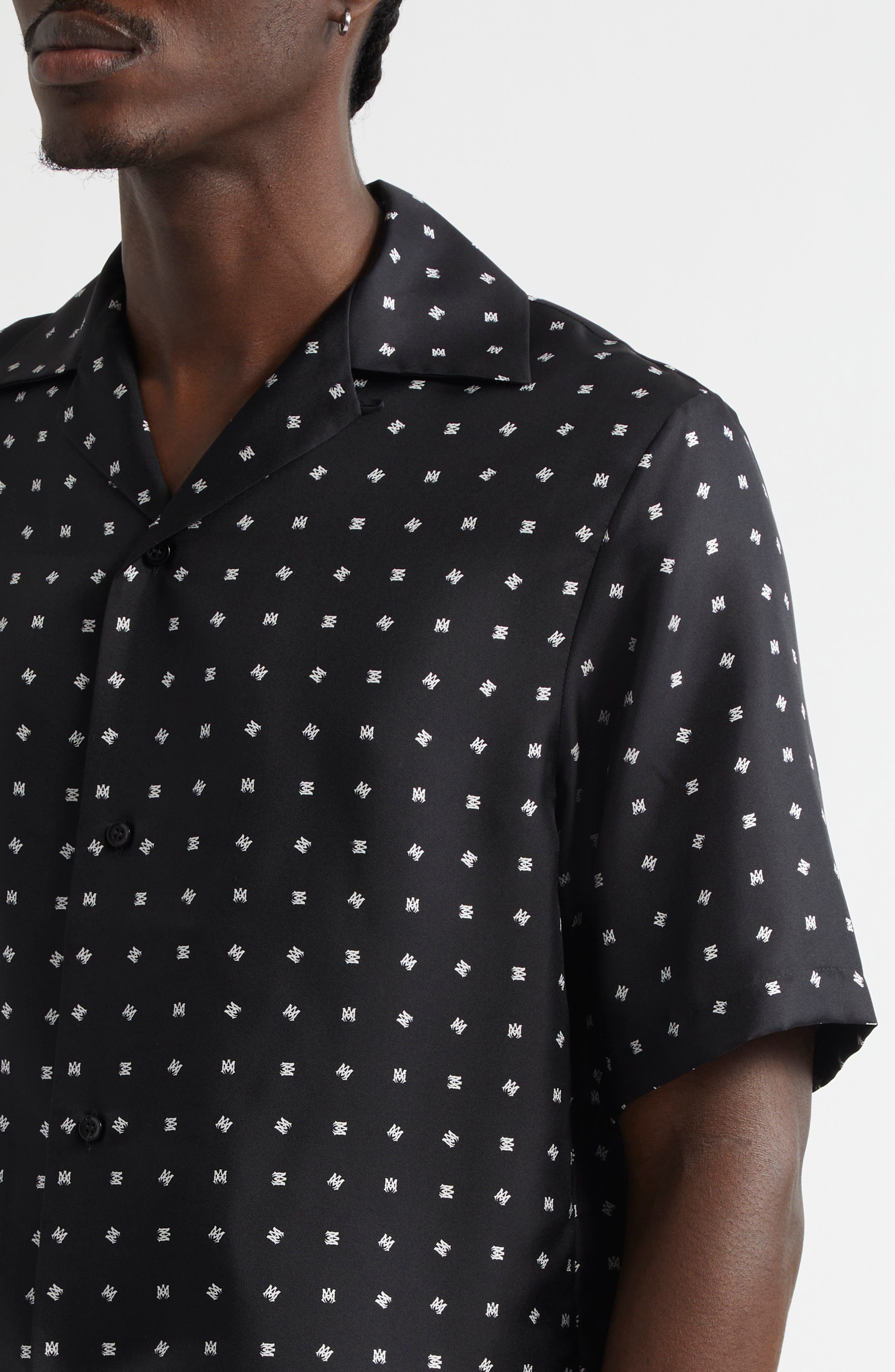 AMIRI Mix & Match Monogram Logo Print Silk Camp Shirt in Black at Nordstrom - 4