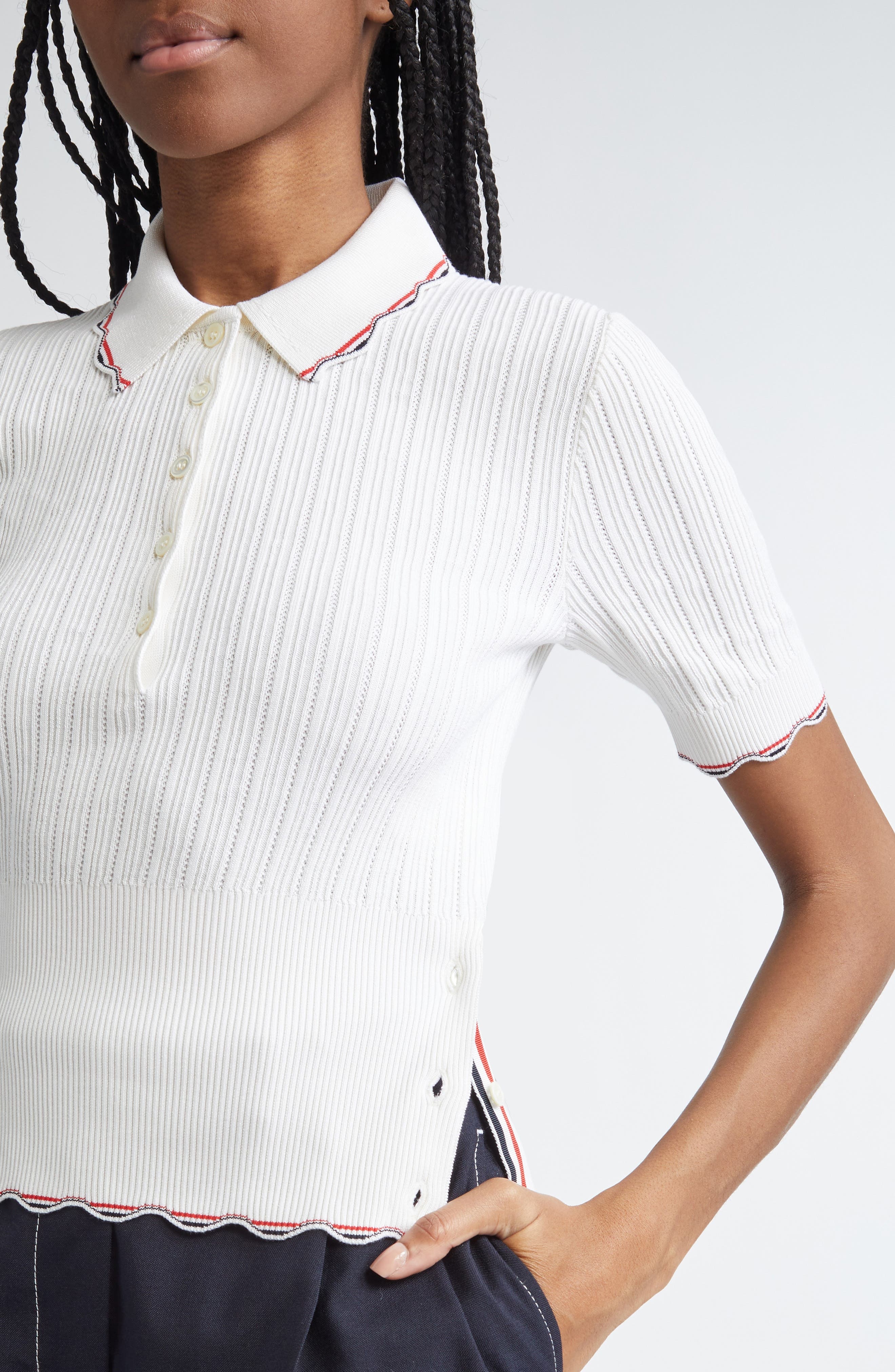 Thom Browne Tuck Scallop Trim Silk & Cotton Pointelle Stitch Polo in White at Nordstrom - 5