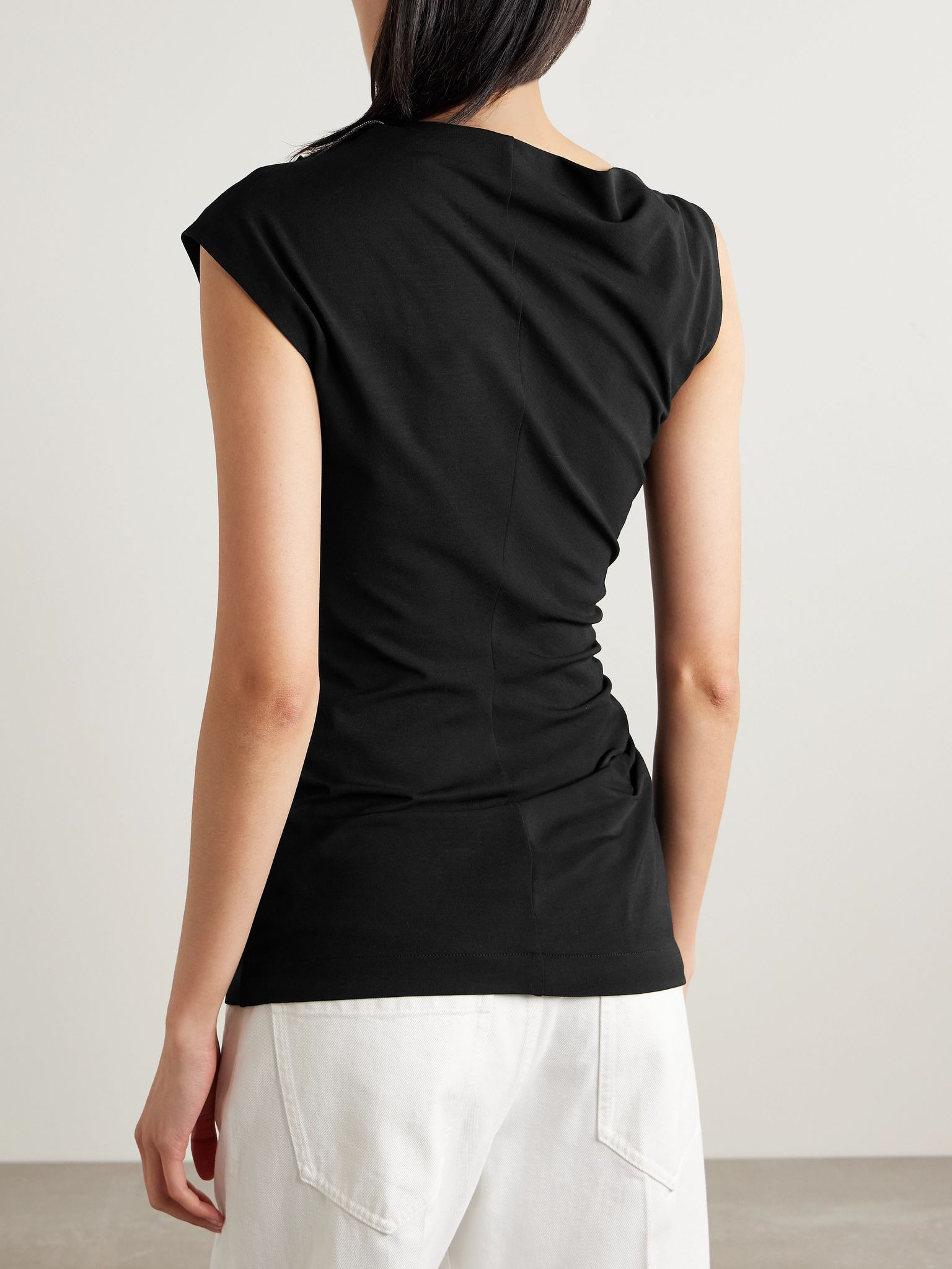 Bead-embellished ruched stretch-jersey top Black - 4