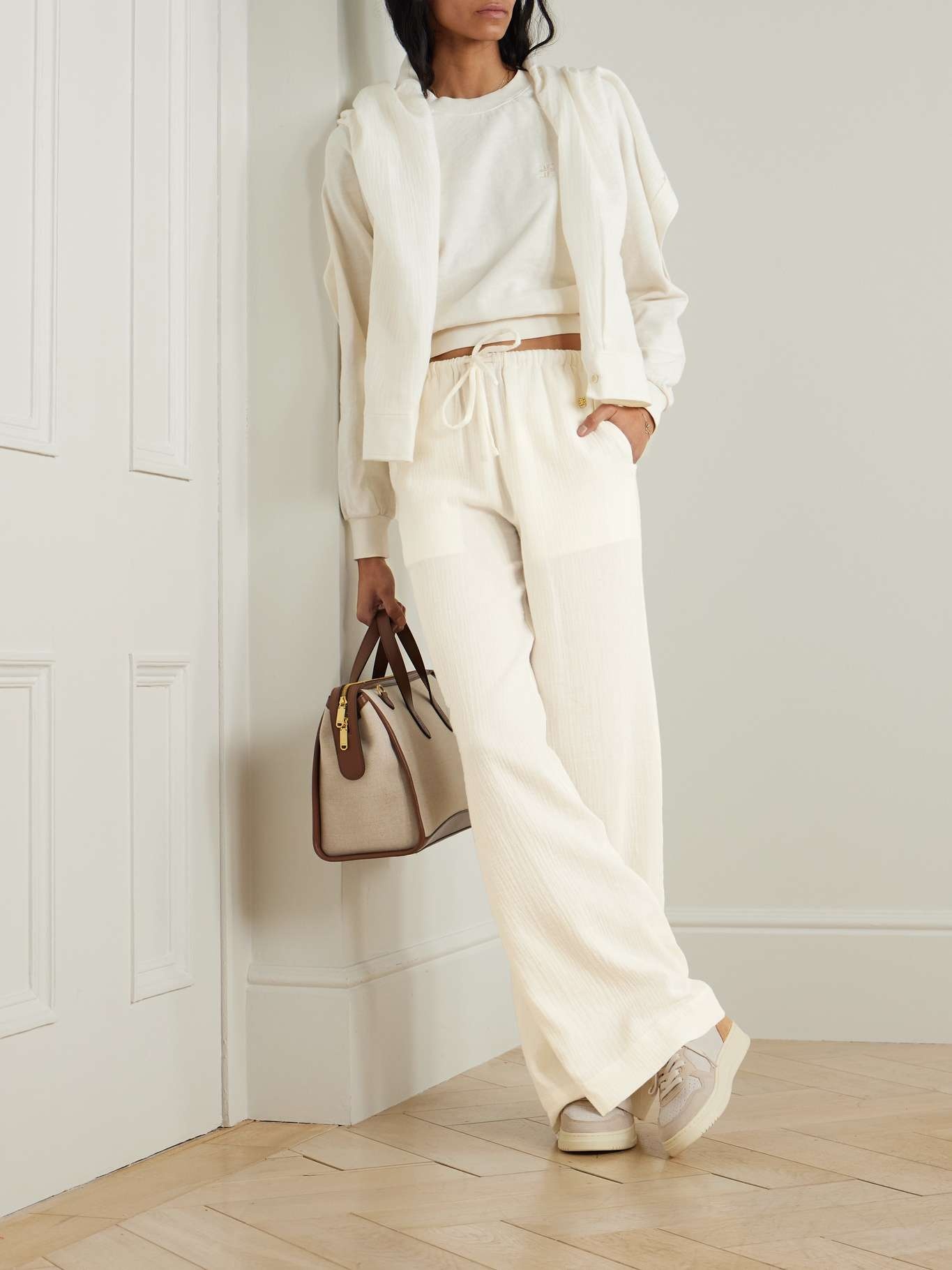 Brody embellished cotton-gauze straight-leg pants Ivory - 2