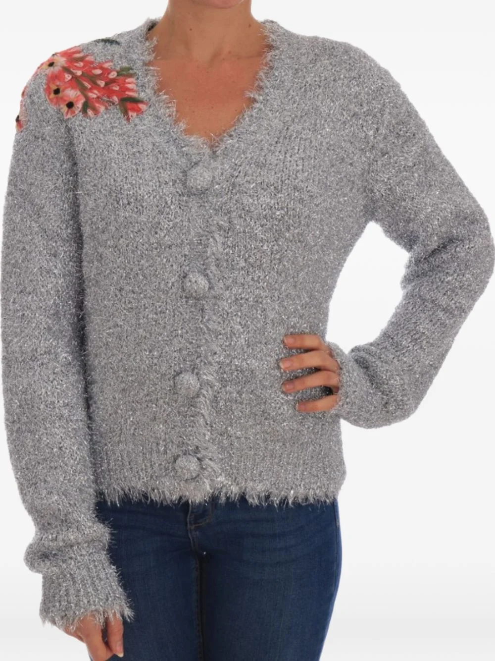 floral-appliqué metallic cardigan - 1