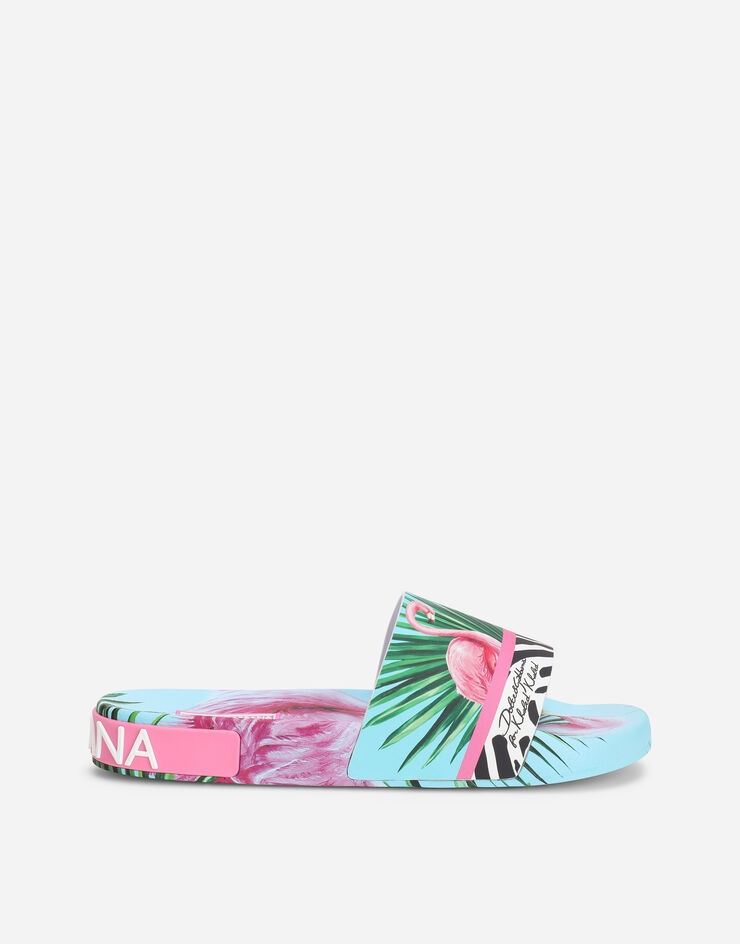 Rubber beachwear sliders with flamingo print - 1