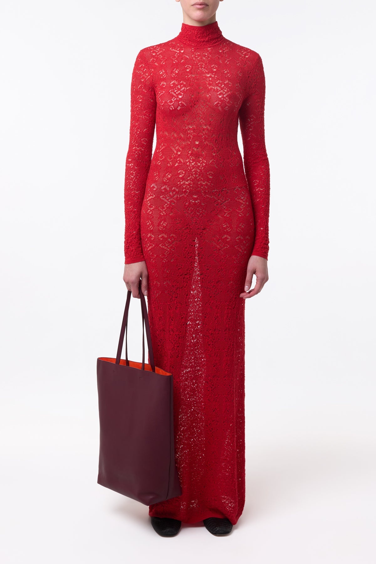 Lethe Pointelle Knit Maxi Dress in Scarlet Red Virgin Wool Silk - 3