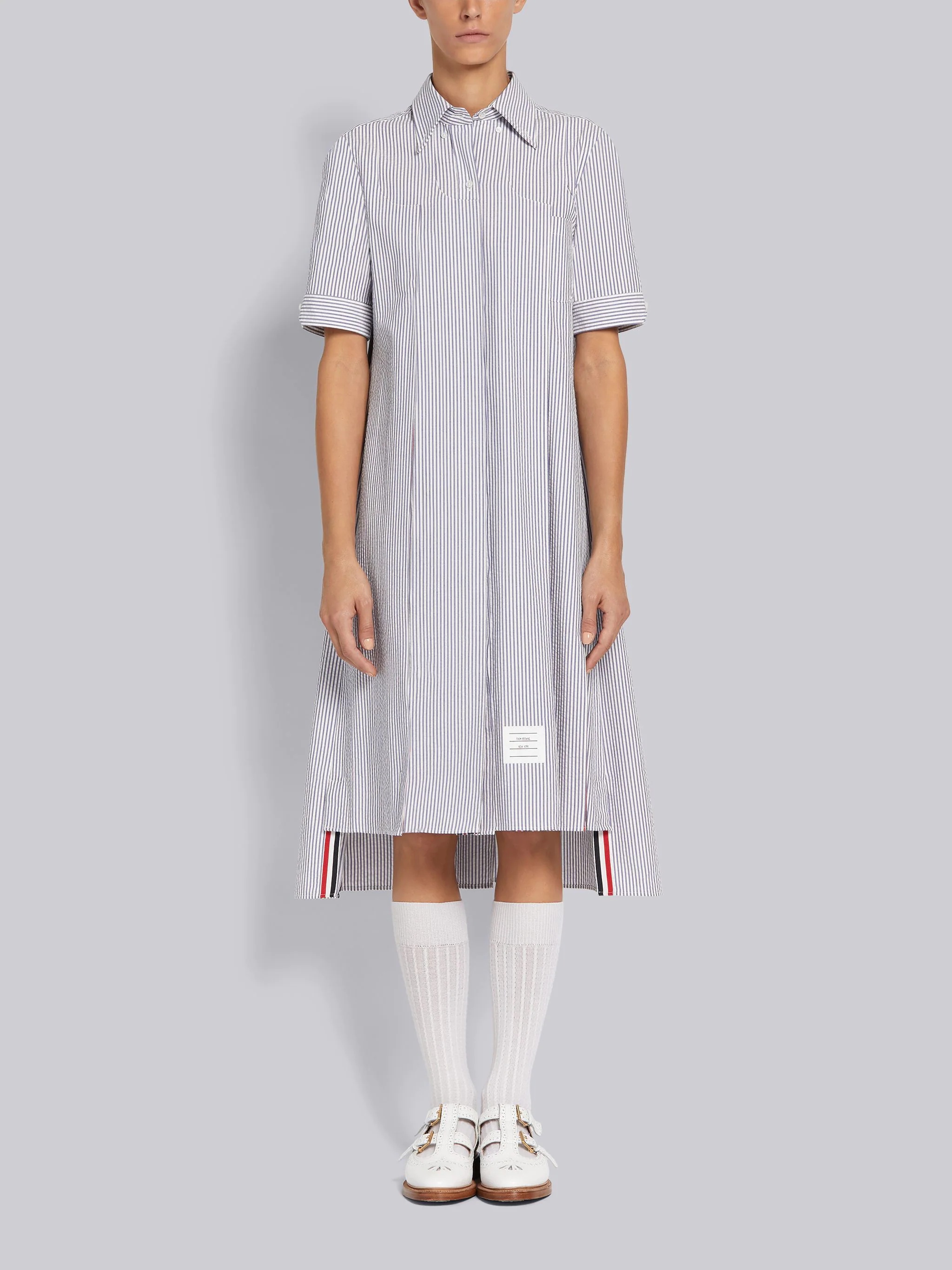 Navy Cotton Seersucker Combo Inverted Pleat Below Knee Short Sleeve Shirtdress - 1