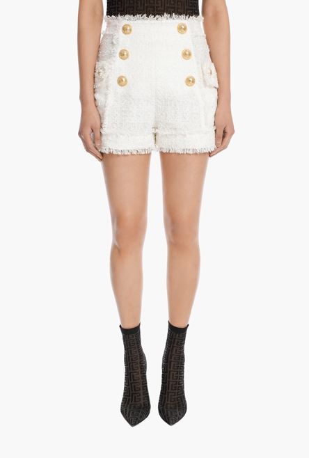 High waist double-buttoned tweed shorts - 5