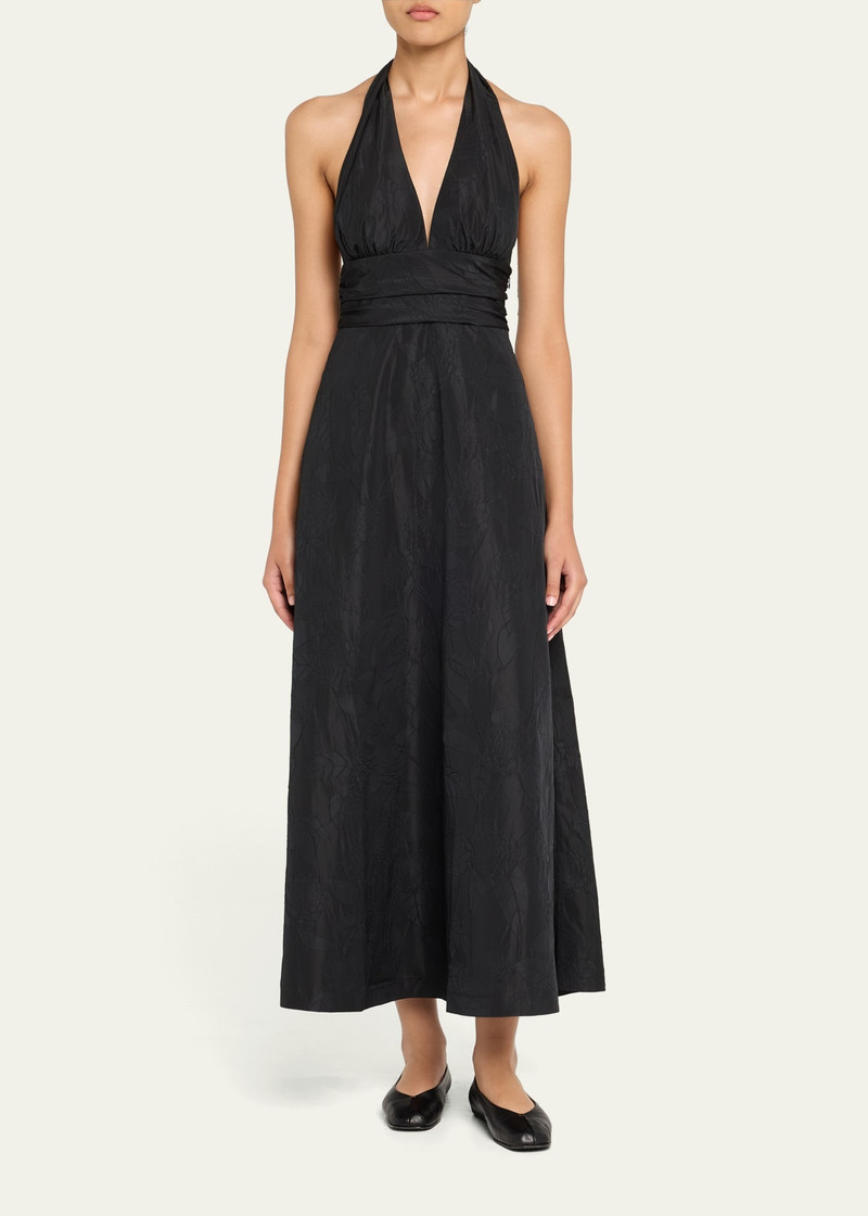 BERNADETTE Marylin Camelia Embossed Cotton Midi Halter Dress outlook