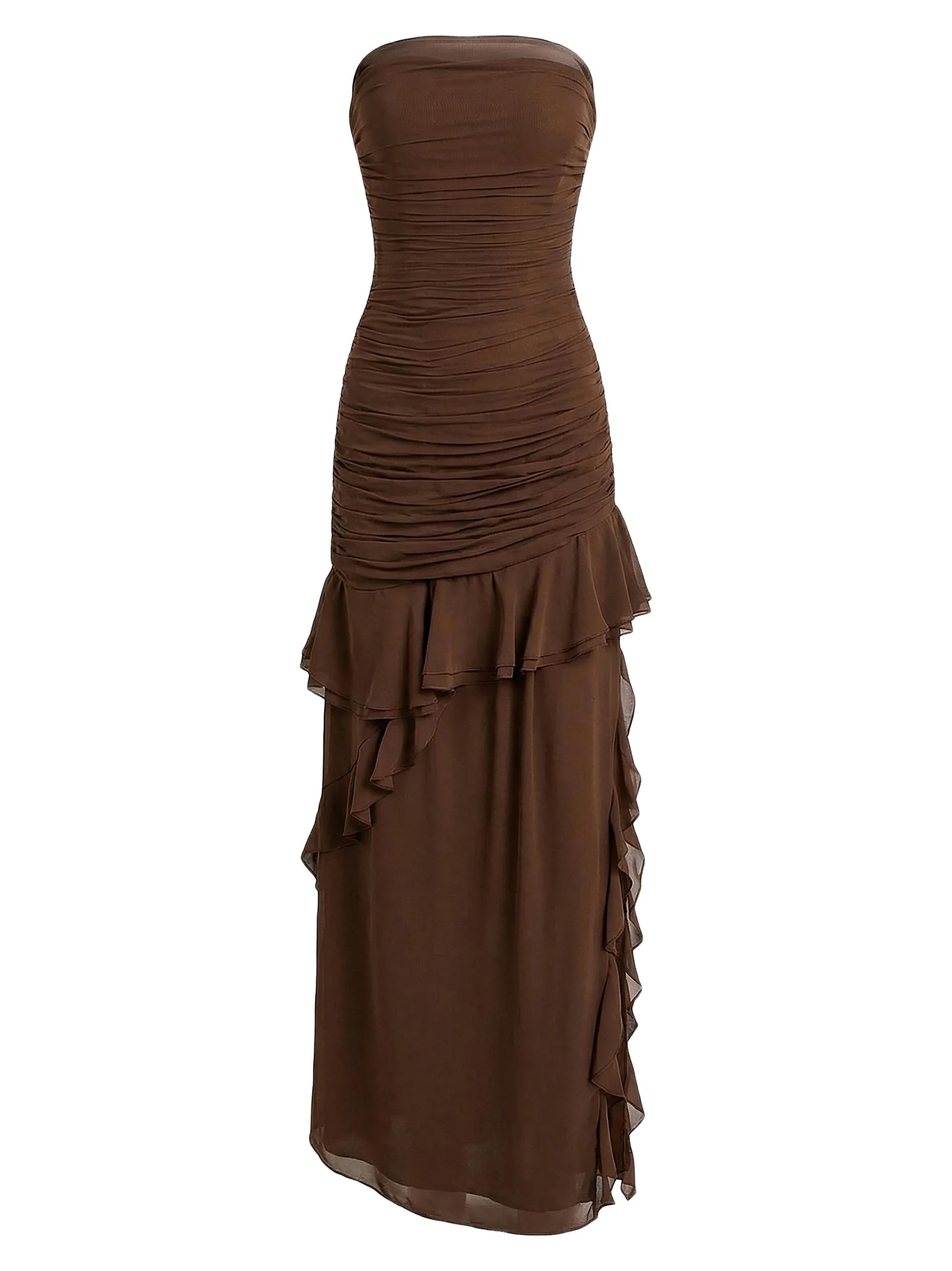 Women's Viola Ruched Ruffle Strapless Maxi Dress - Mocha - 1