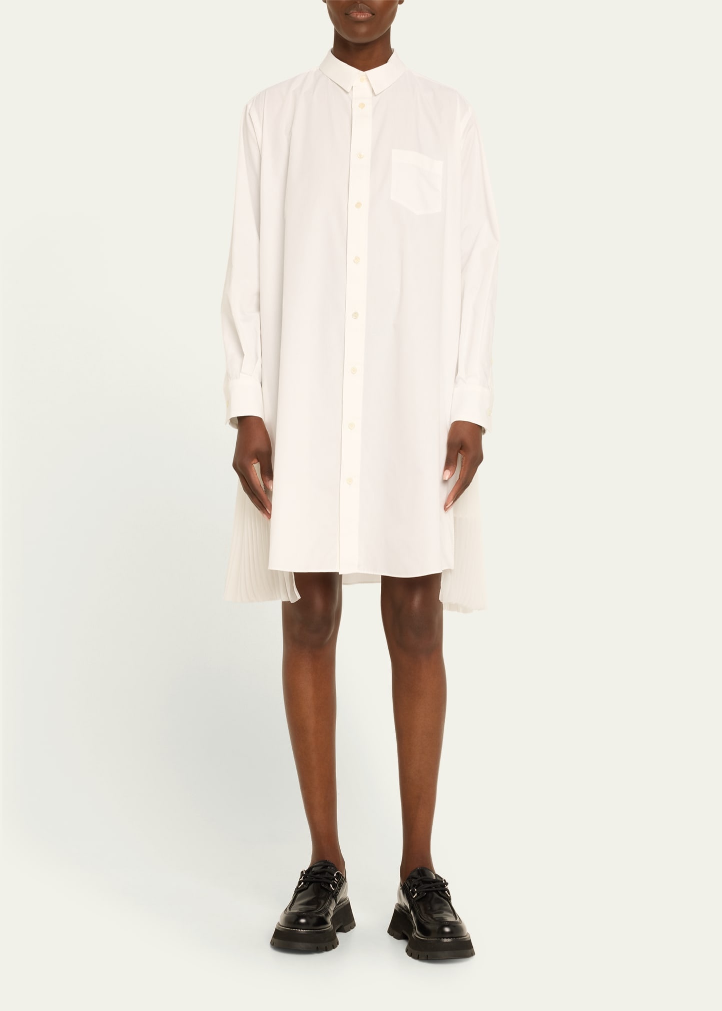 Pleated-Side Long Button-Front Shirtdress - 2