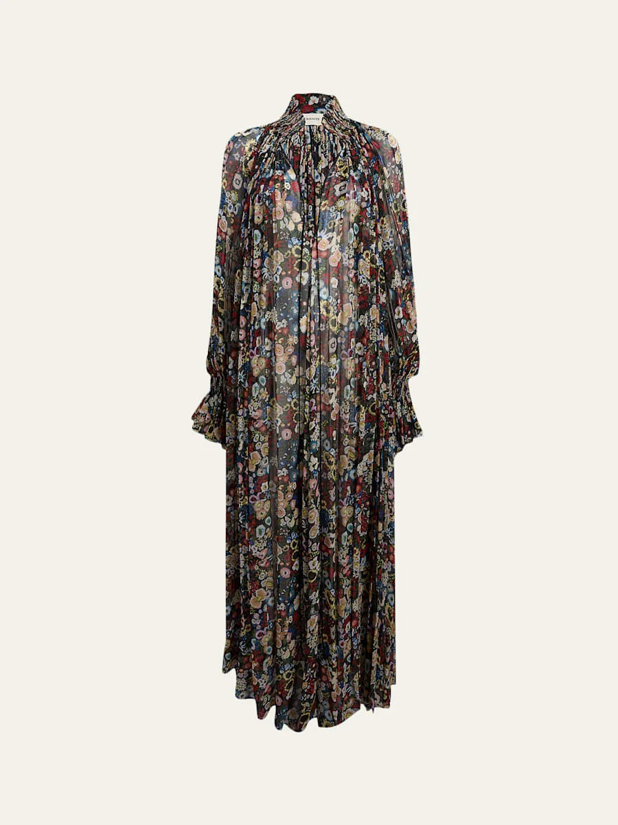 Edgar Plunging Floral Silk Maxi Peasant Dress - 1