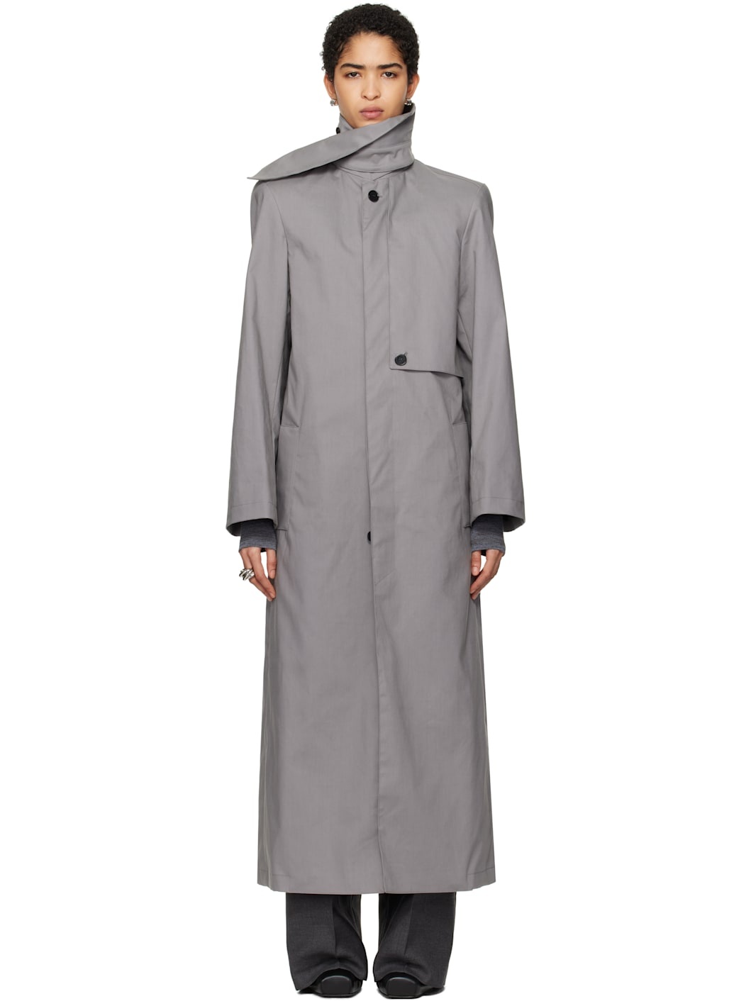 Gray Scarf Collar Trench Coat - 1