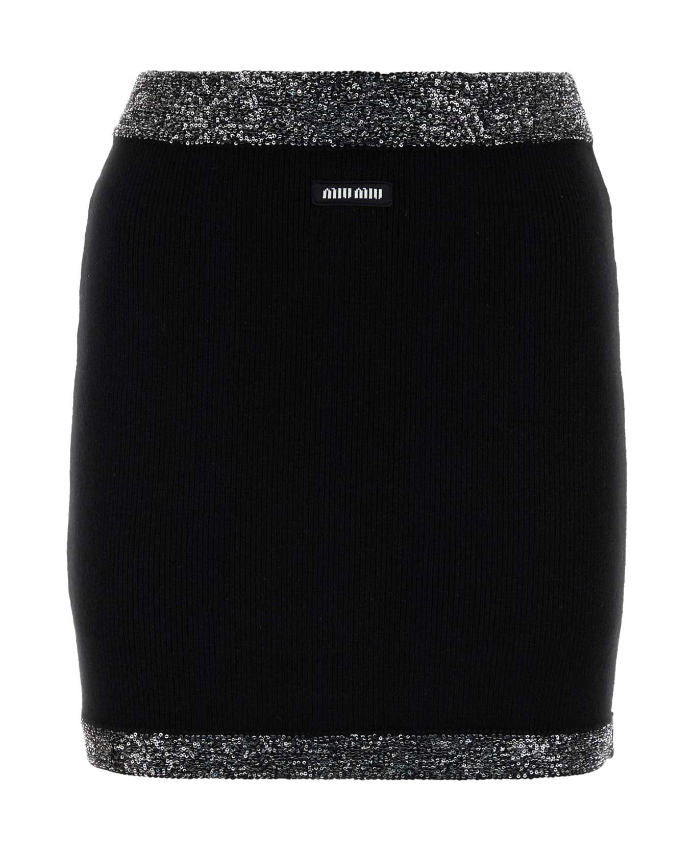 Black Stretch Cashmere Blend Mini Skirt - 1