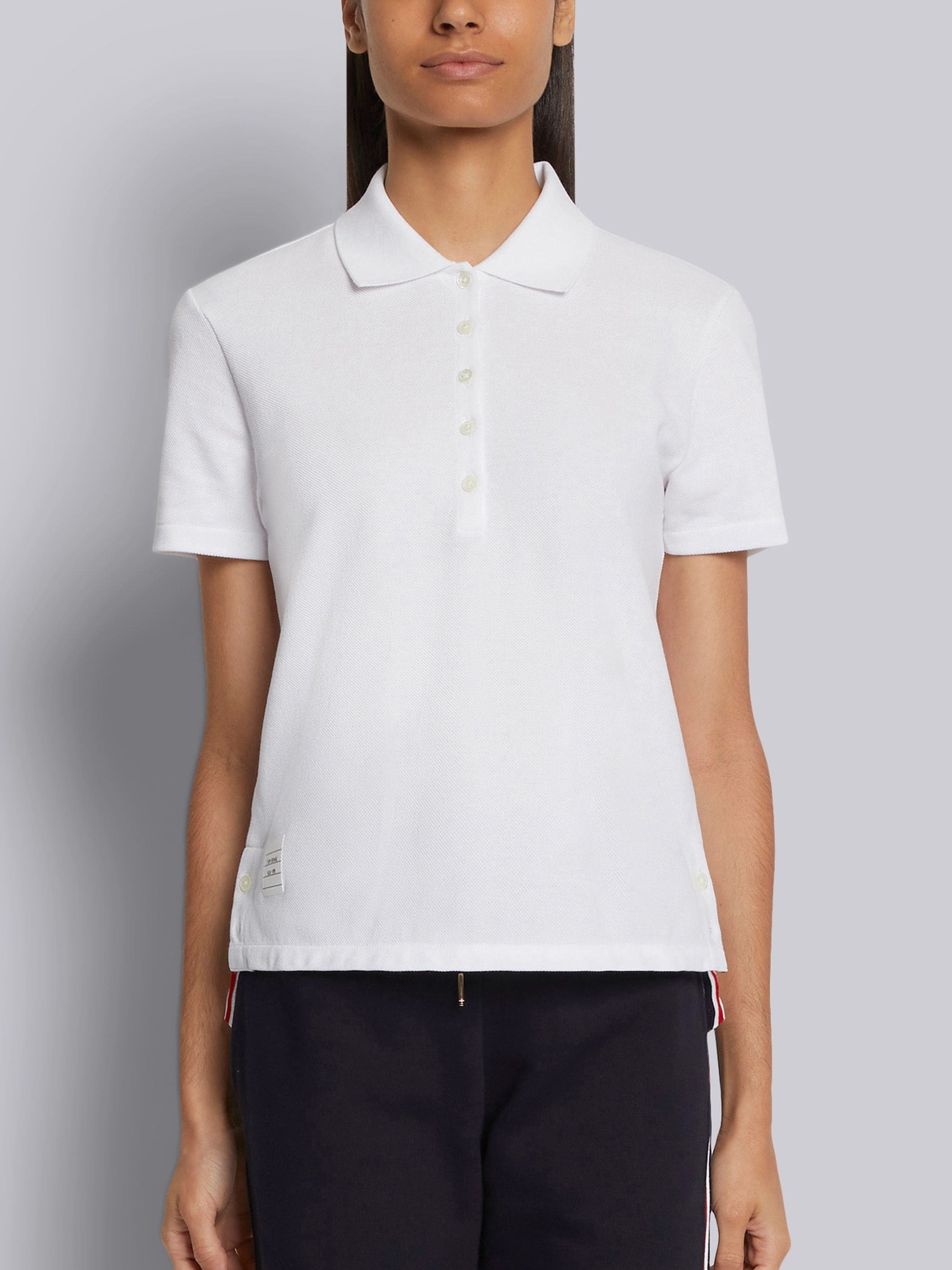 【THOM BROWNE】 Pique Center Back Stripe Relaxed Fit Polo Thom Browne White Classic Pique Center Back Stripe Relaxed