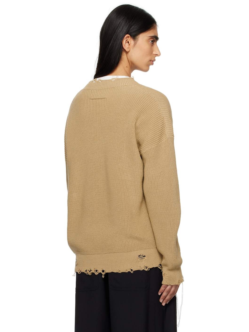 Beige Eaten Knit V-Neck Sweater - 3