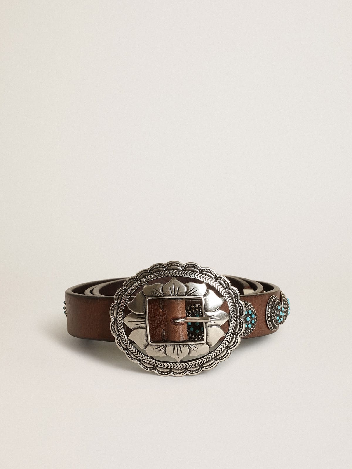 Women's belt in dark brown leather with silver studs - 1