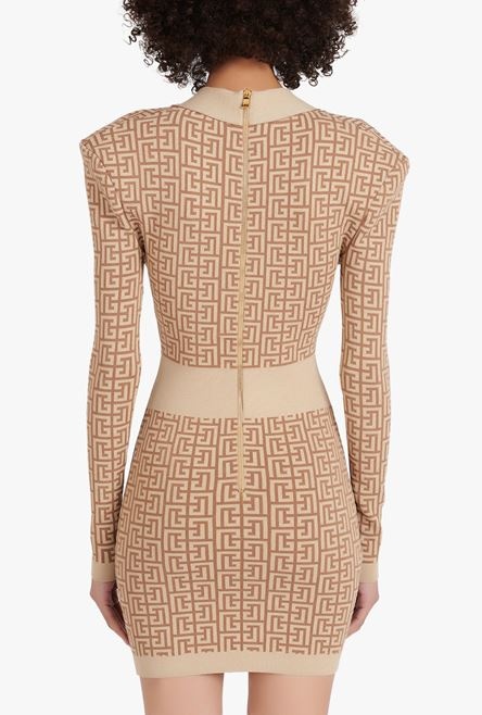 Short brown and gold knit dress with Balmain monogram - 9