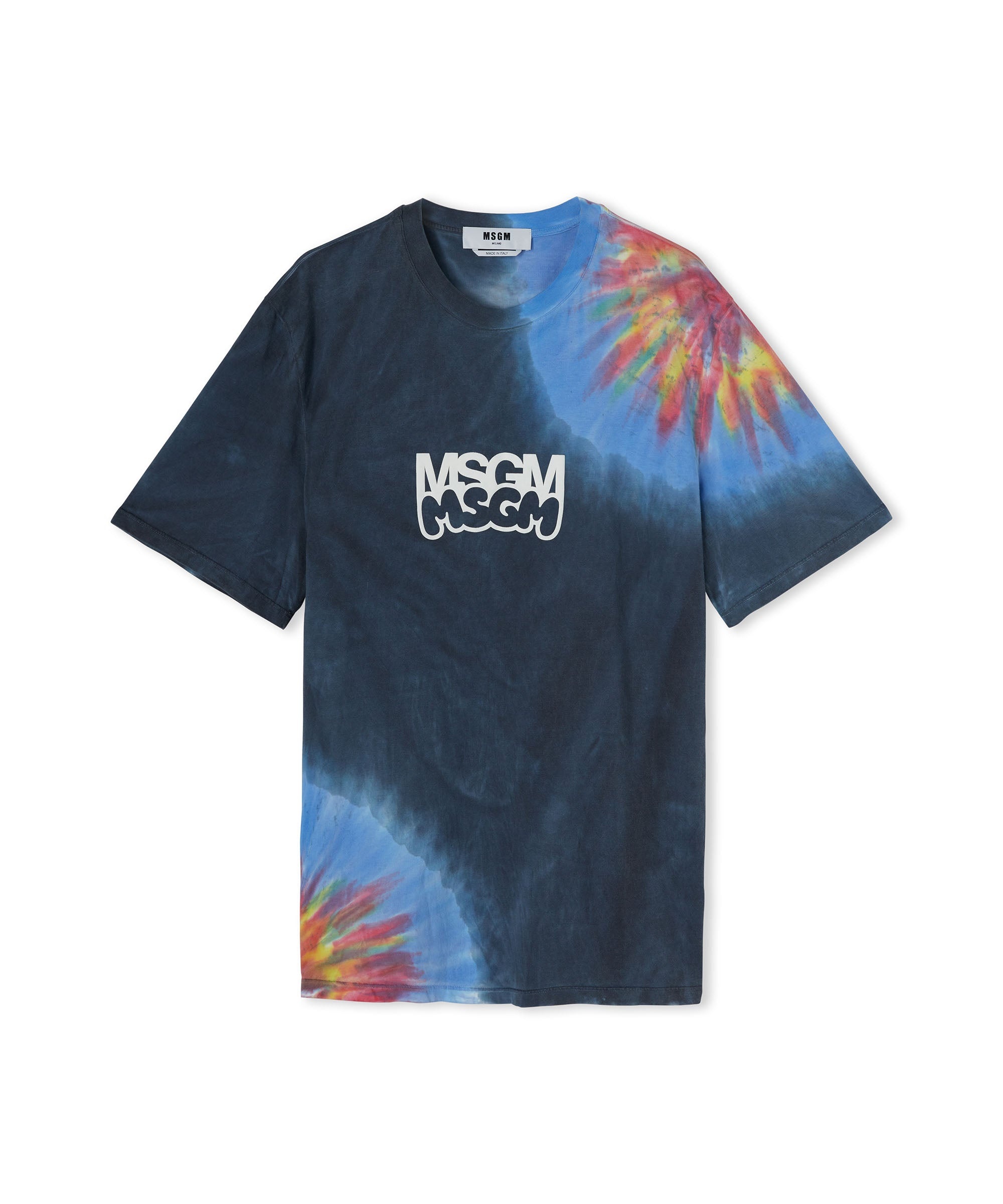 MSGM Tie dye cotton crewneck t-shirt with logo and graphics in