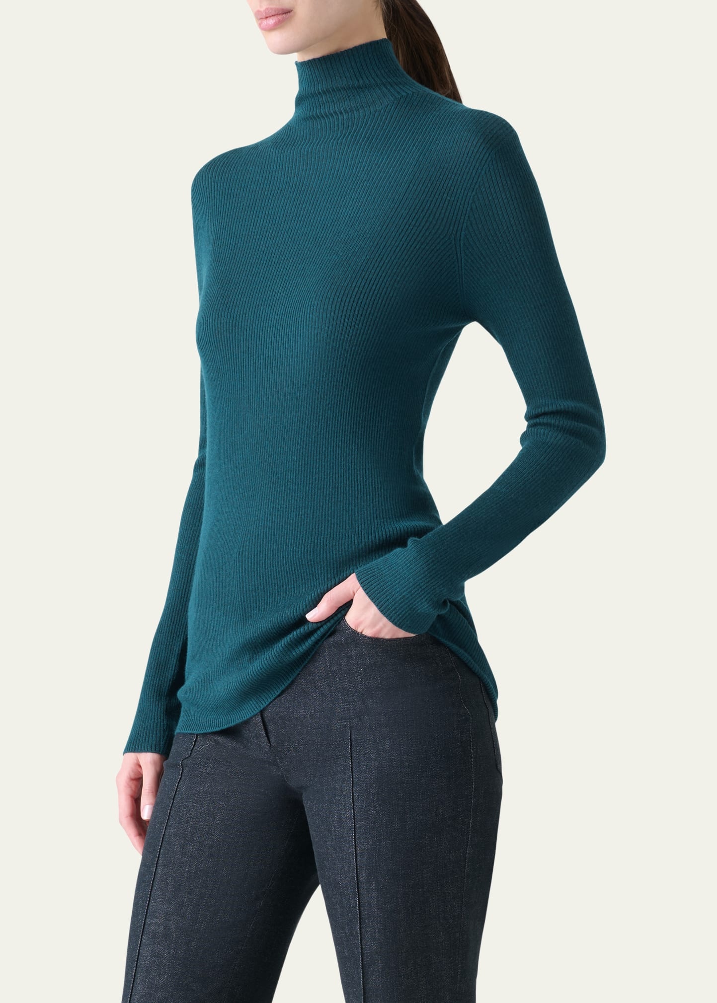 Mock-Neck Cashmere-Silk Fine Rib Sweater - 4