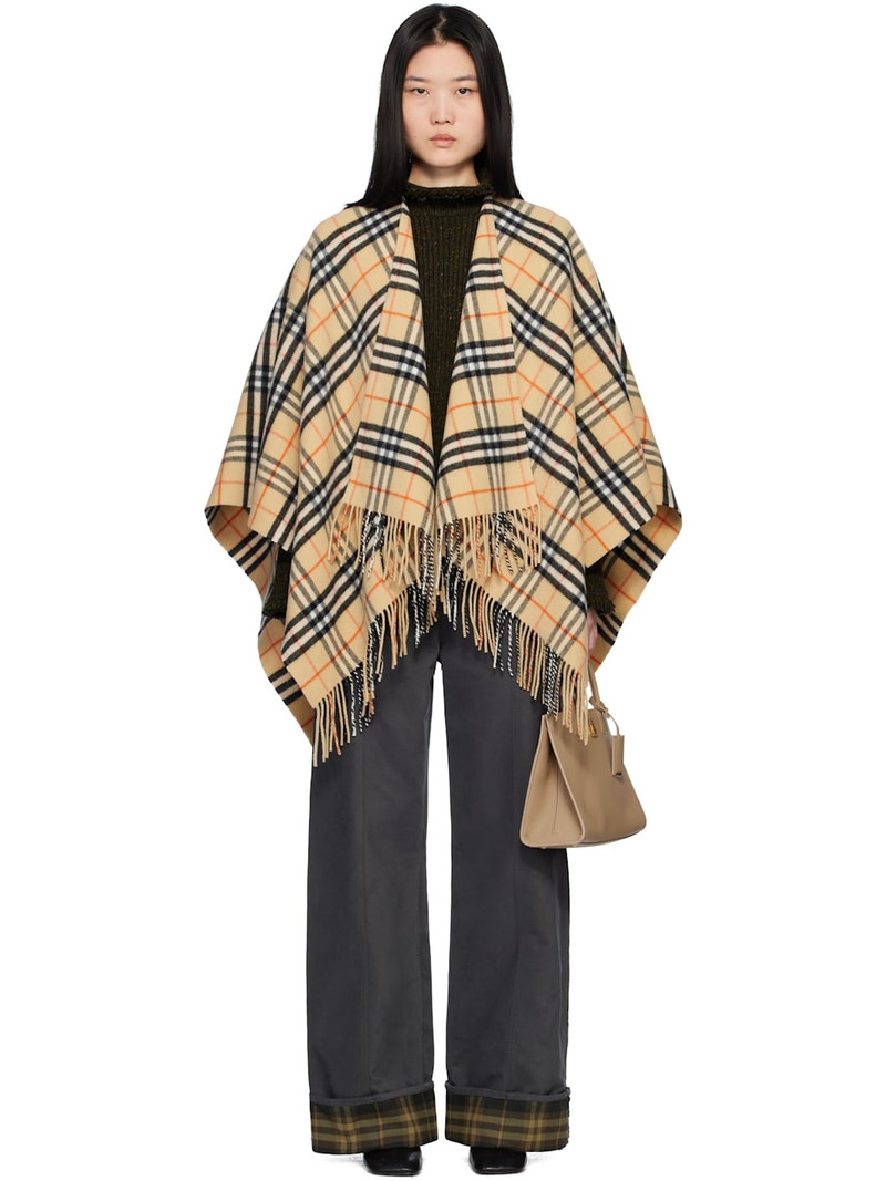 Beige Check Wool Cashmere Cape Coat - 1