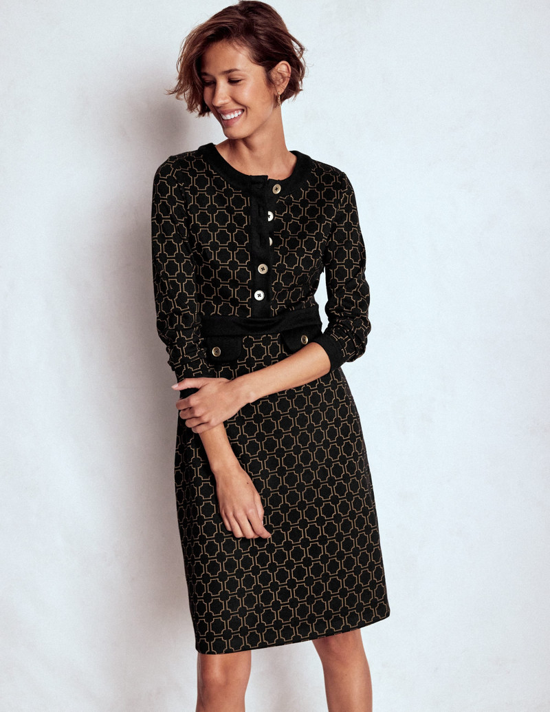 Lavinia Button Shift Dress-Black/Camel Jacquard 5
