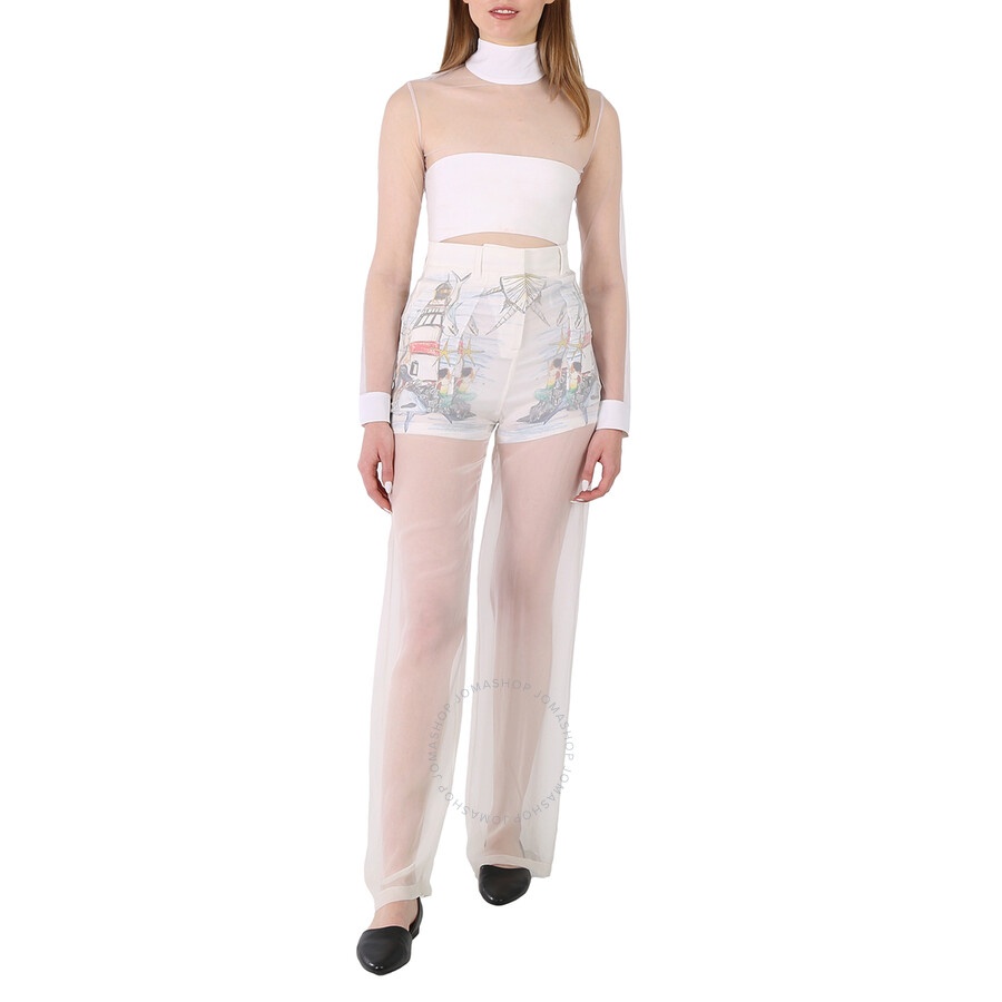 Burberry Ladies Chiffon Overlay Marine Sketch Print Silk Shorts - 6