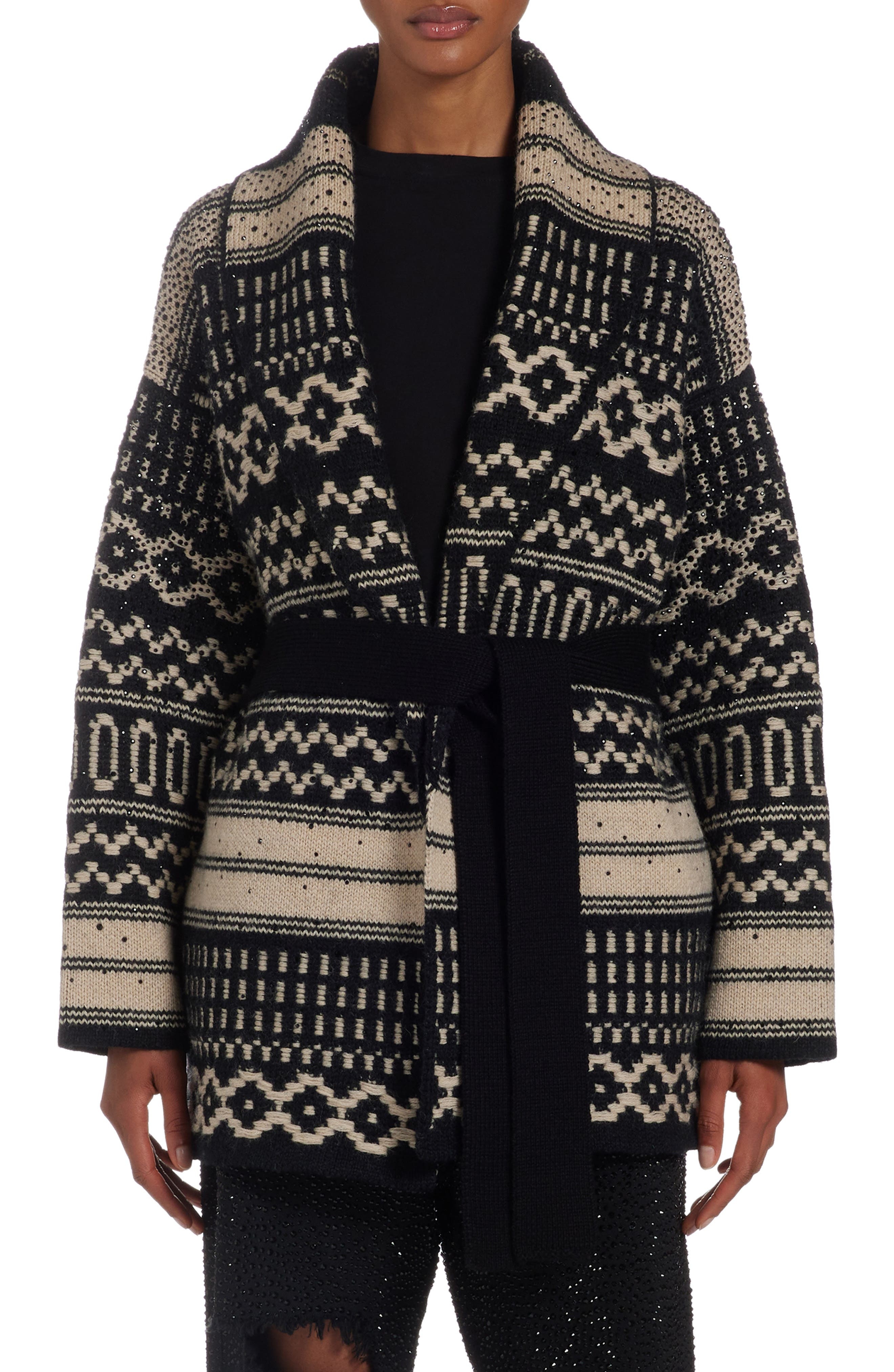 Golden Goose Studded Nordic Jacquard Wool Wrap Cardigan in Black/Ecru at Nordstrom - 1