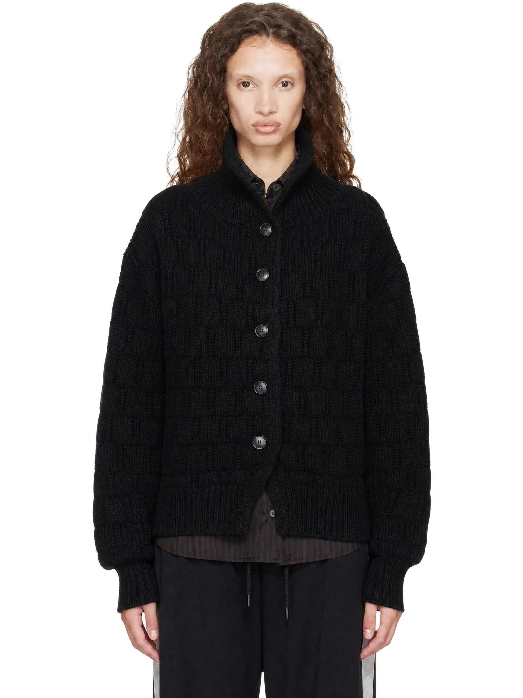 Black Textured Wool Cardigan - 1