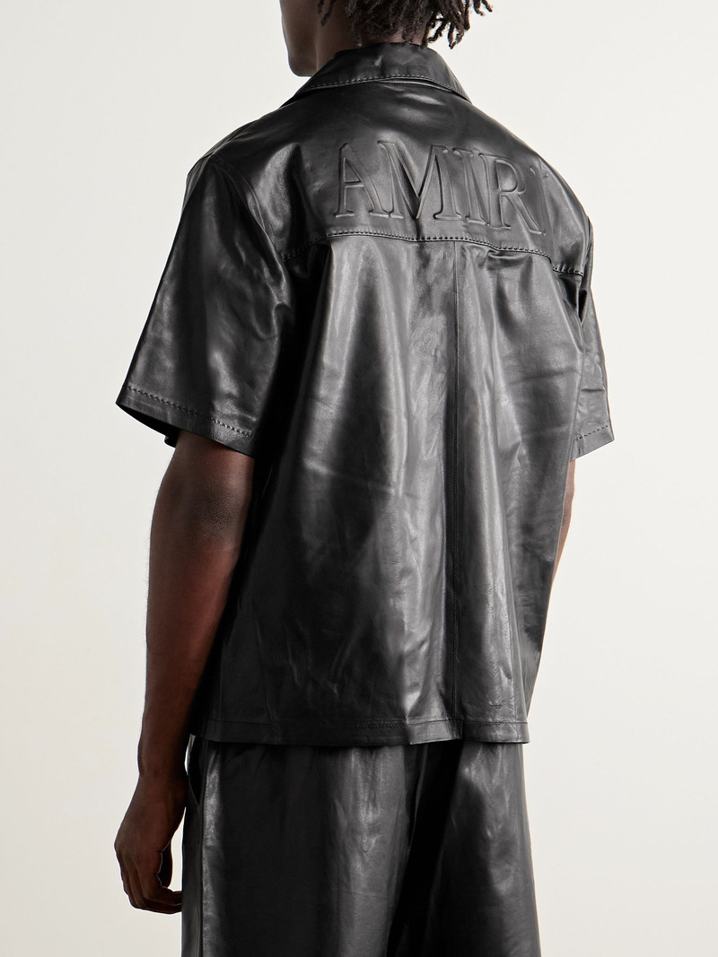 Camp-Collar Logo-Embossed Leather Shirt Black 3