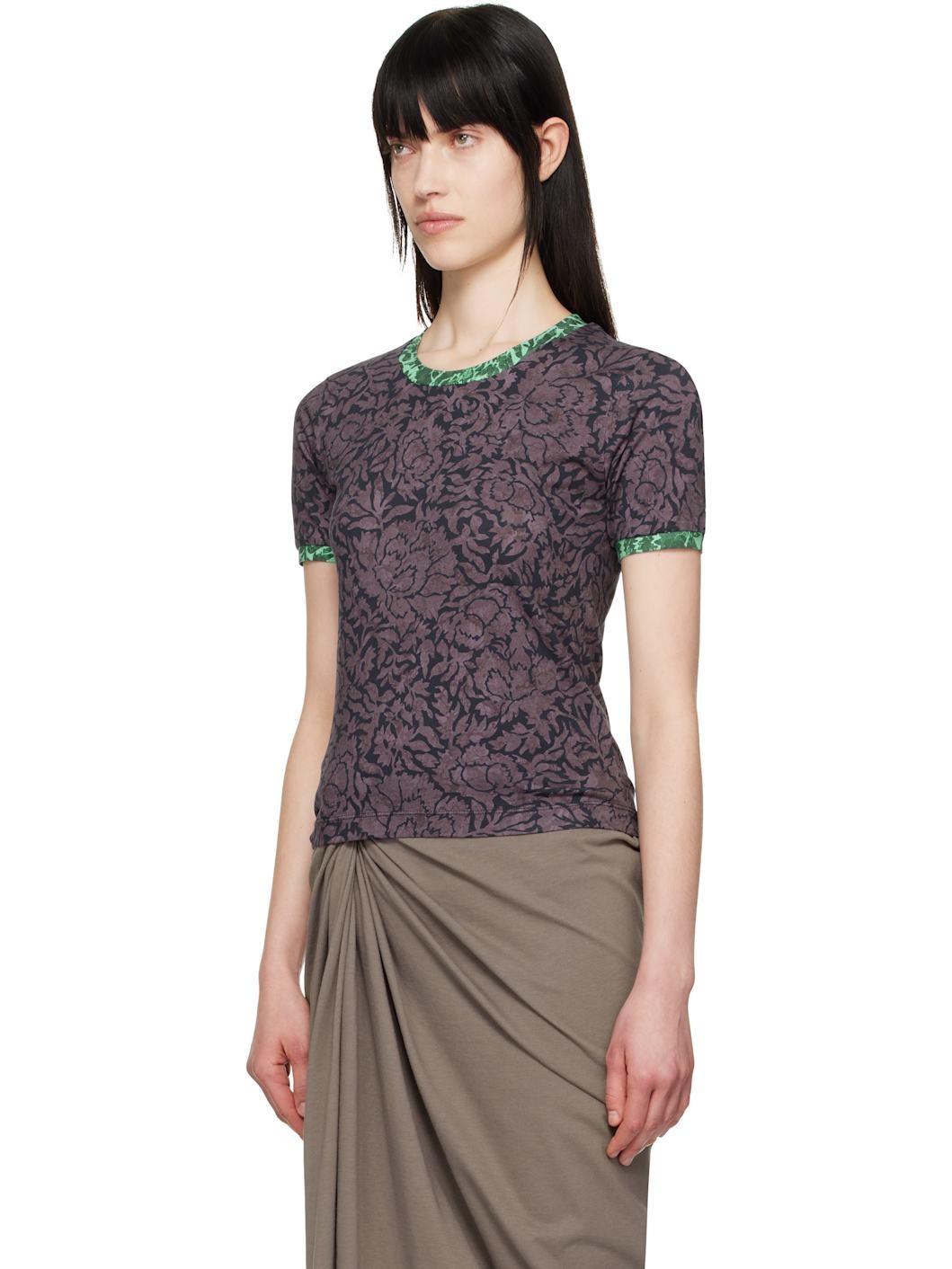 Purple & Green Printed Contrast T-shirt - 4