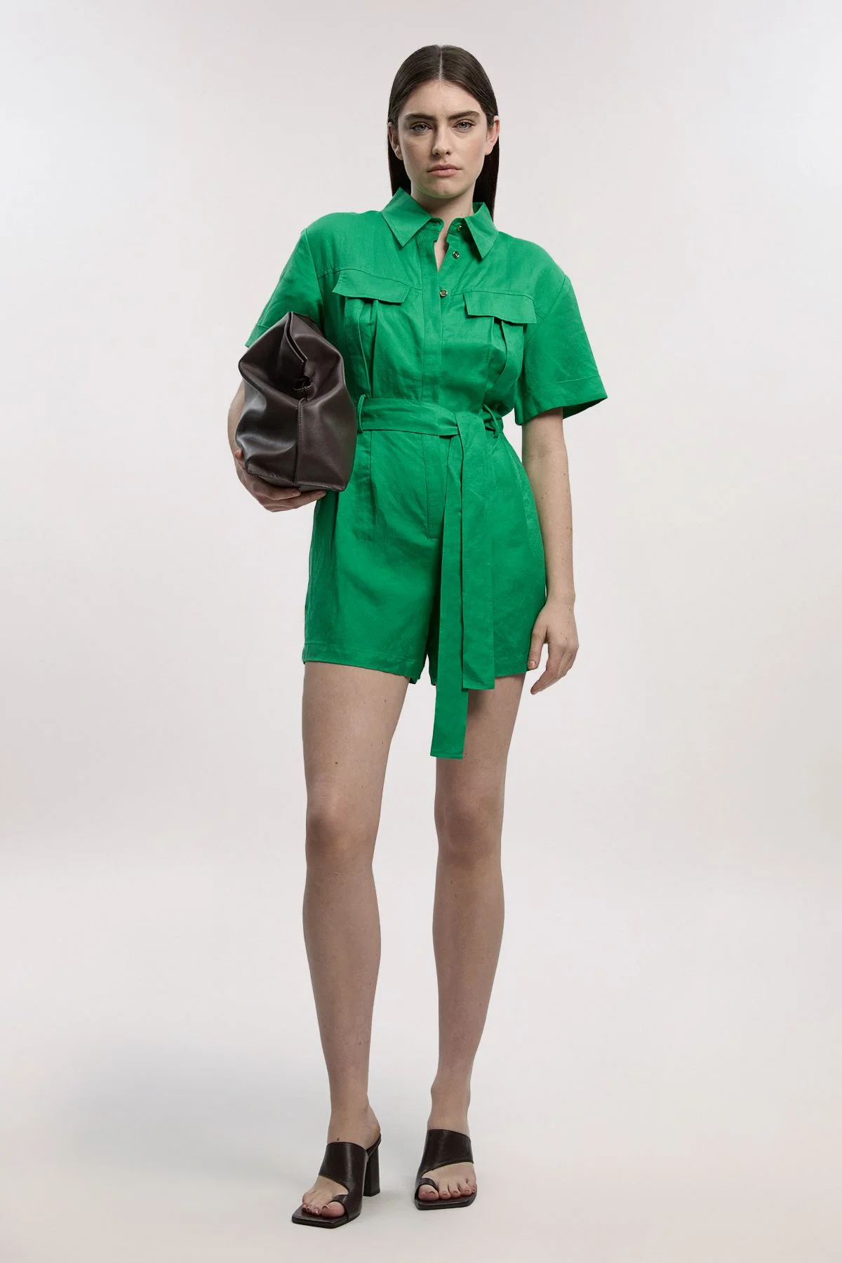 Viscose Linen Woven Belted Playsuit - 1