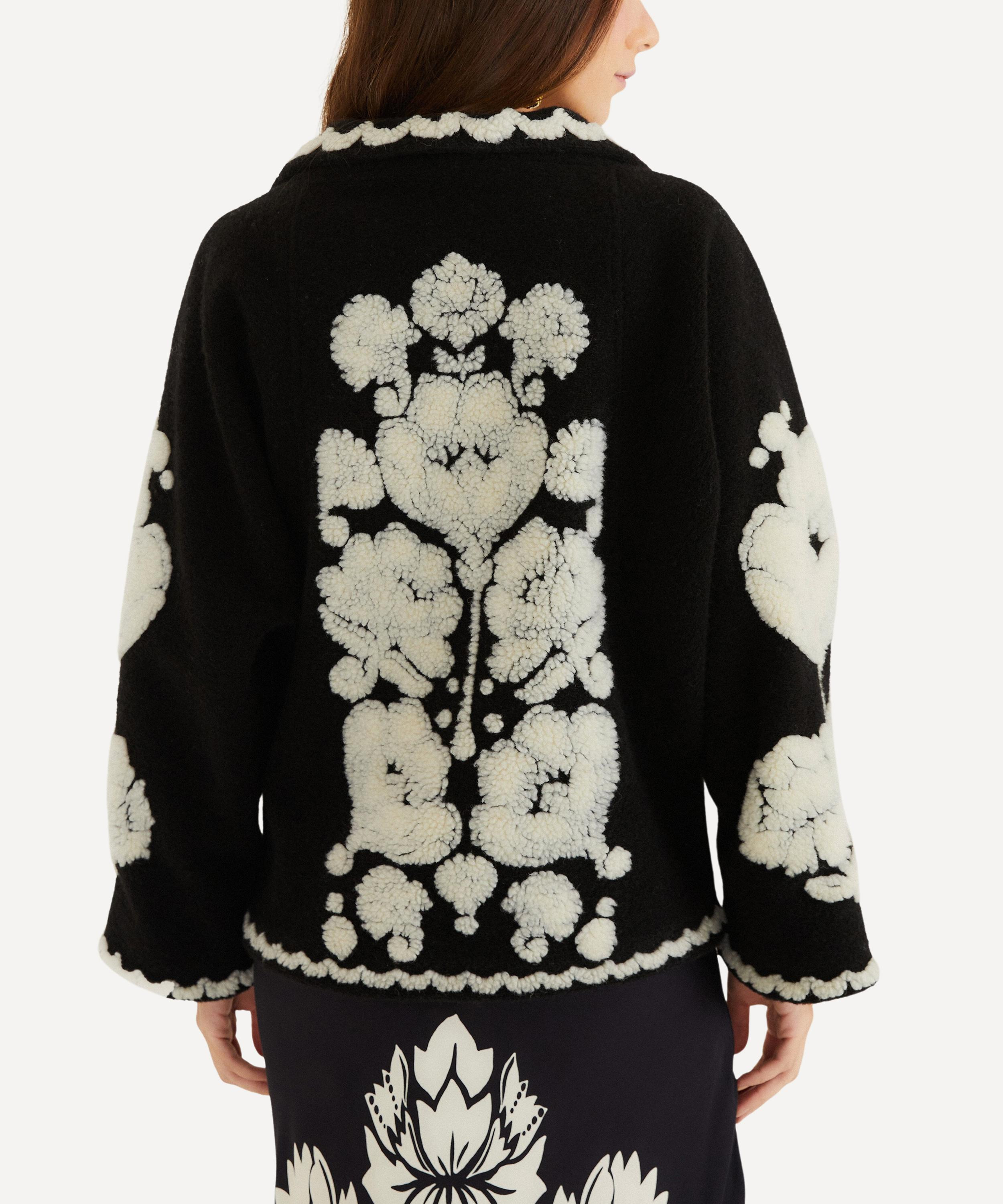 Black and White Floral Arabesque Fleece Coat - 2