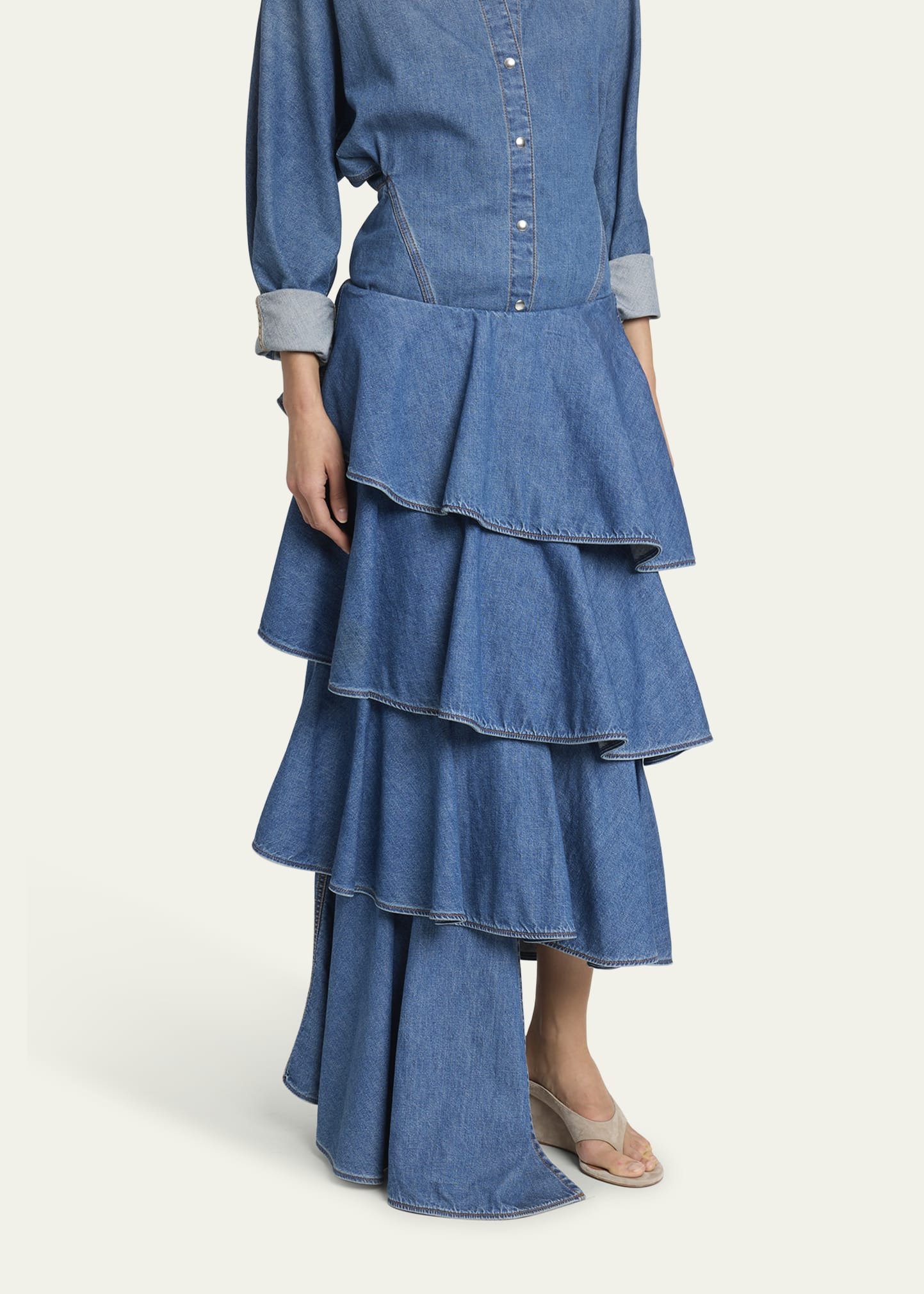 Spiral Ruffle Denim Midi Skirt - 4