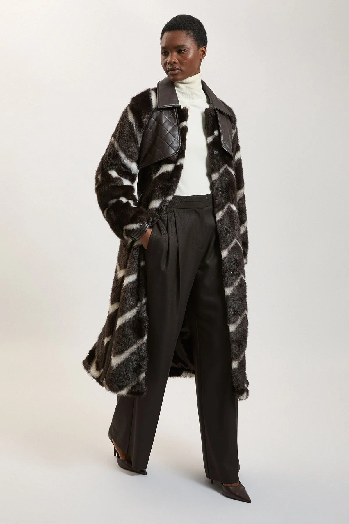 Petite Panelled Stripe Faux Fur Pu Stitch Detail Belted Midi Coat - 1