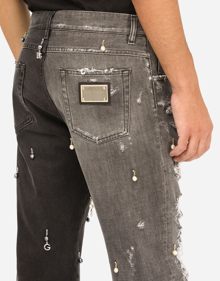 Two-tone regular-fit jeans with pearl pendants and DG logo - 5