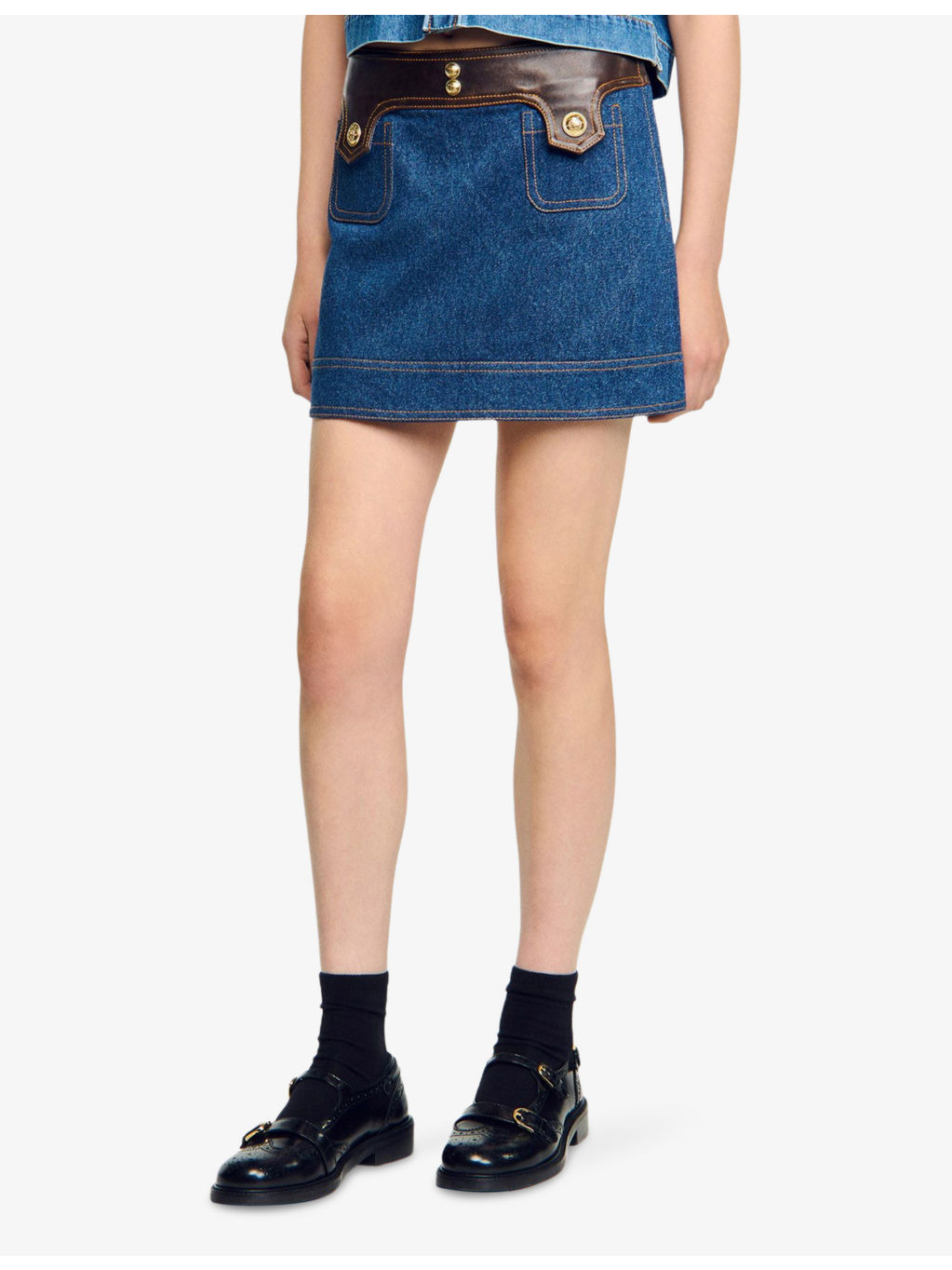 Leather-Trim Mid-Rise Denim Mini Skirt - 3