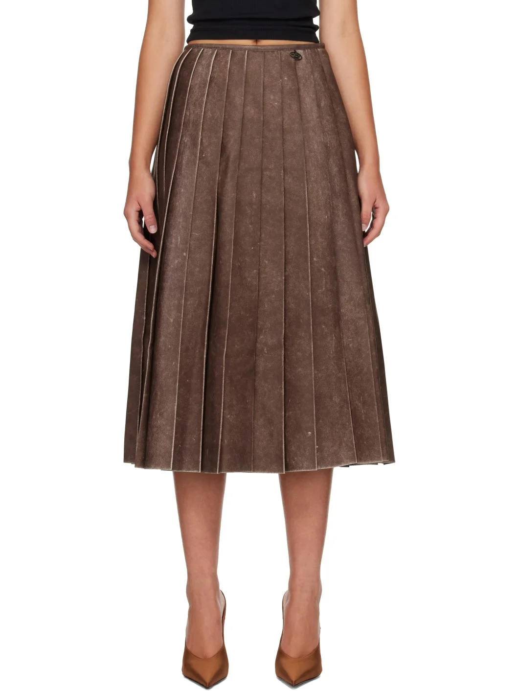 Brown Distressed Pleated Faux-Leather Midi Skirt - 1