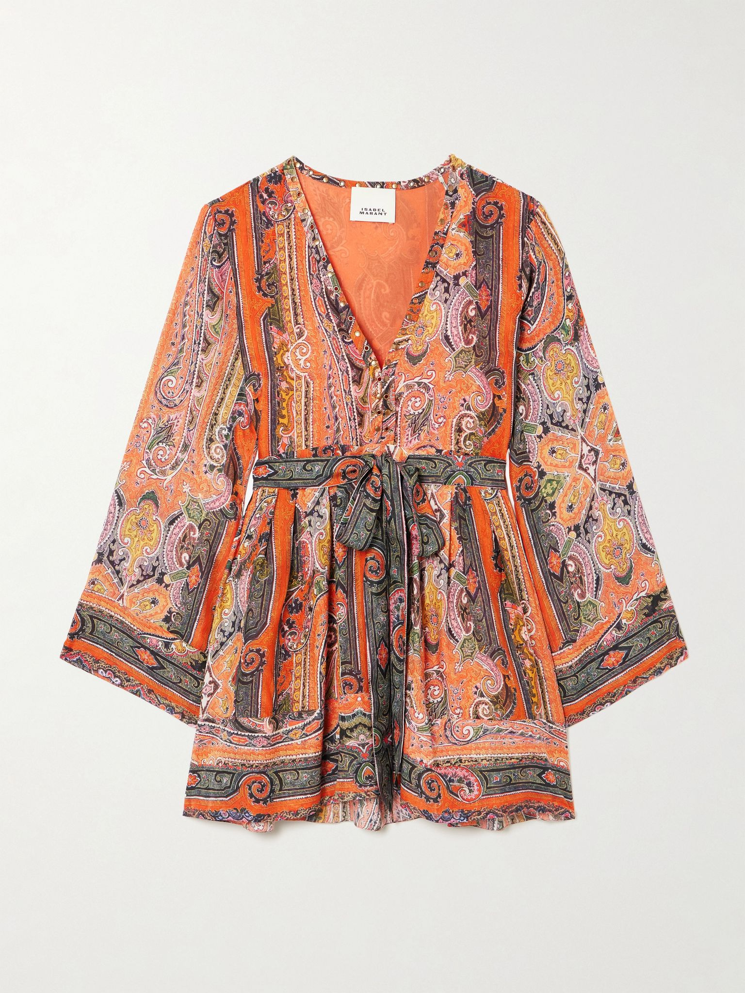 Morgane belted eyelet-embellished paisley-print silk-chiffon mini dress Orange - 1