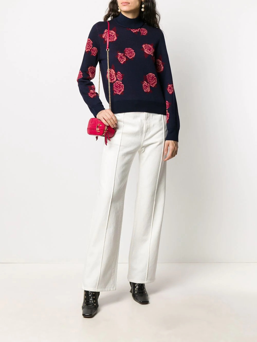 rose-jacquard roll neck sweater  - 2