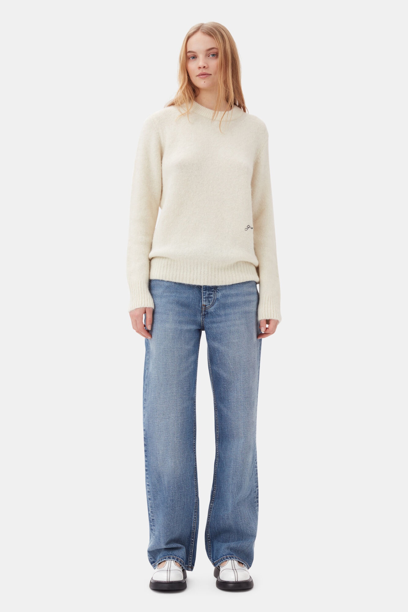 WHITE BRUSHED ALPACA O-NECK SWEATER - 3