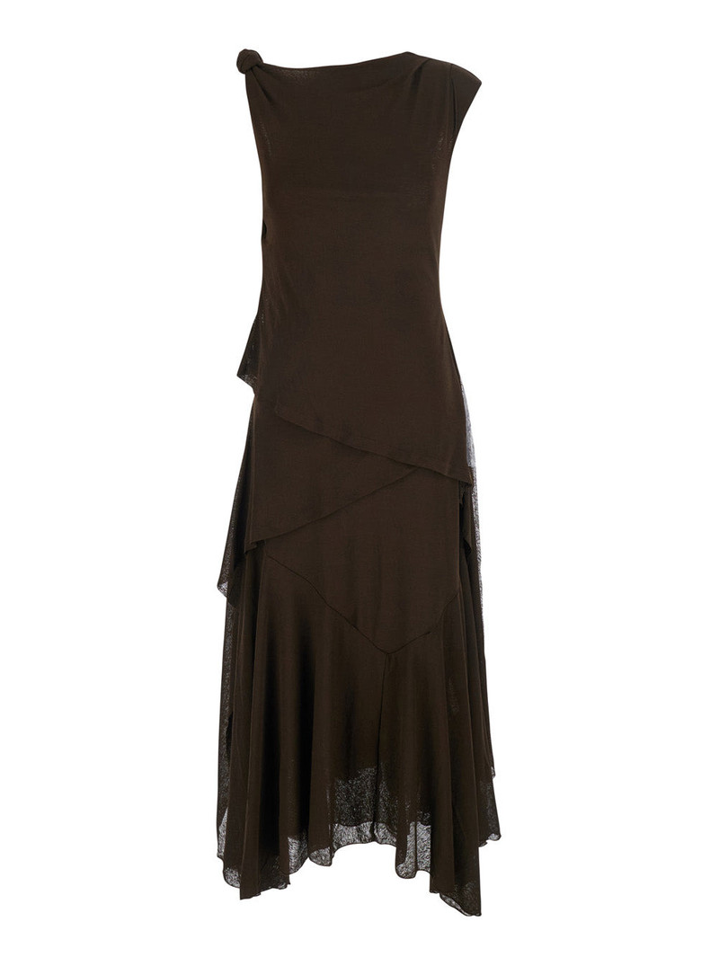 Marl Brown Long Dress With Layered Design And Knot Detail Tech Fabric Women 1