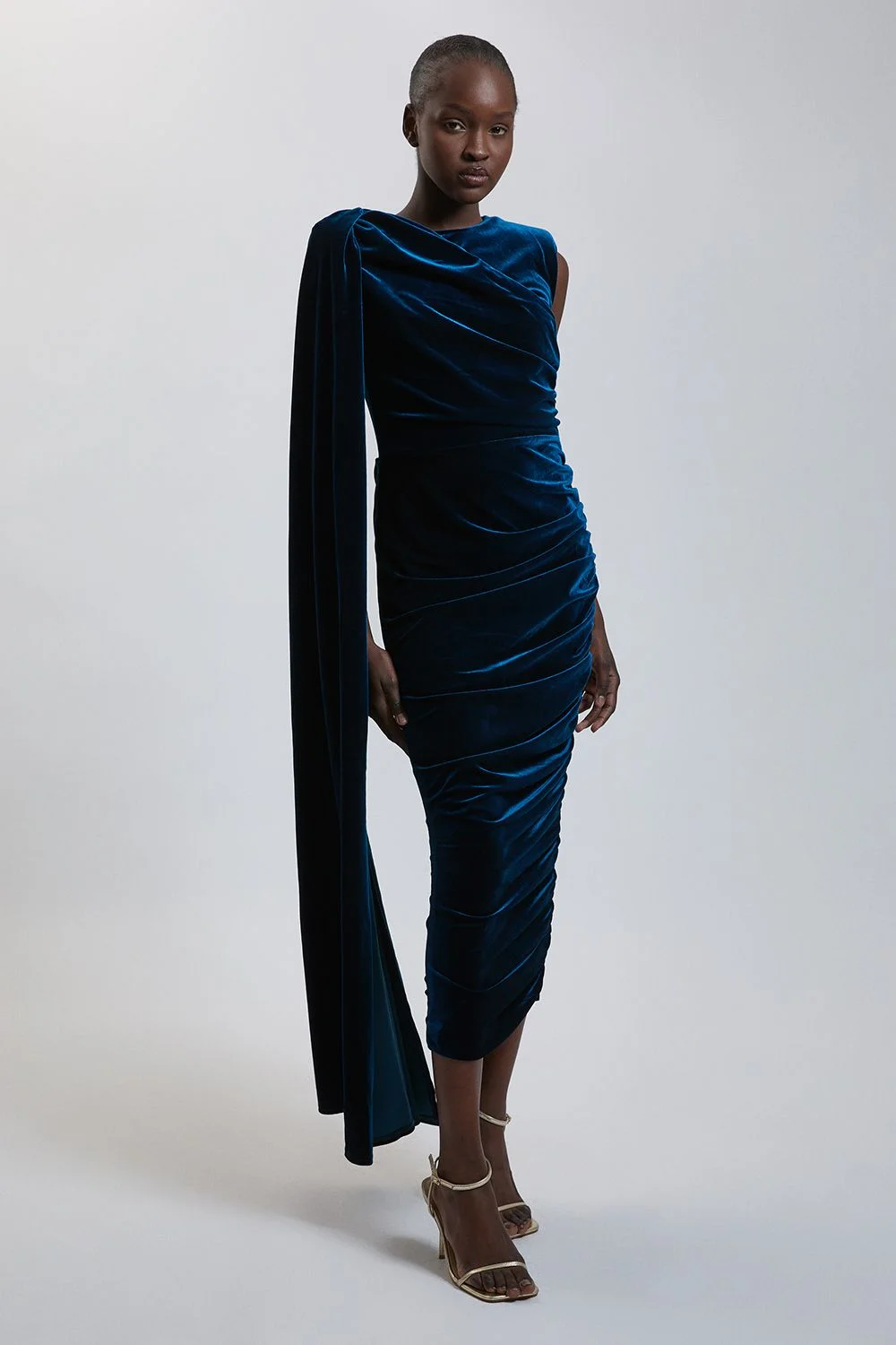 Stretch Velvet Crew Neck Cape Shoulder Maxi Dress - 1