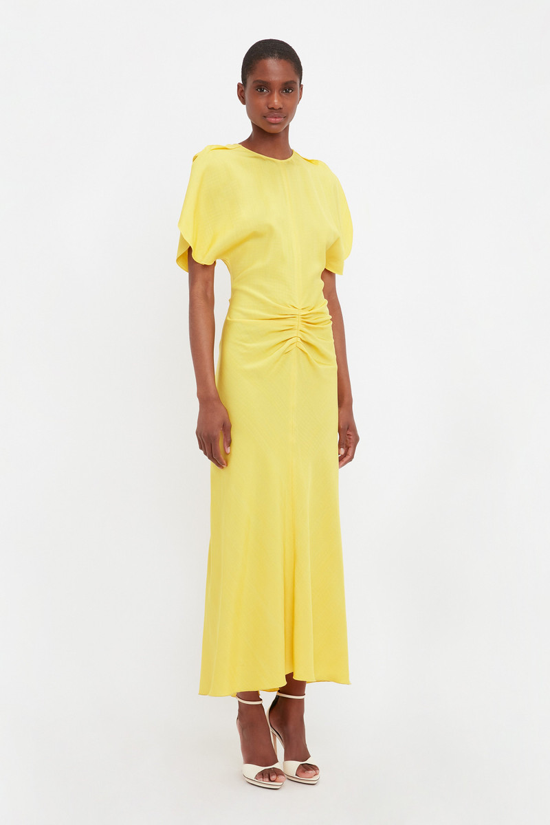 Gathered Waist Midi Dress In Sunflower 3