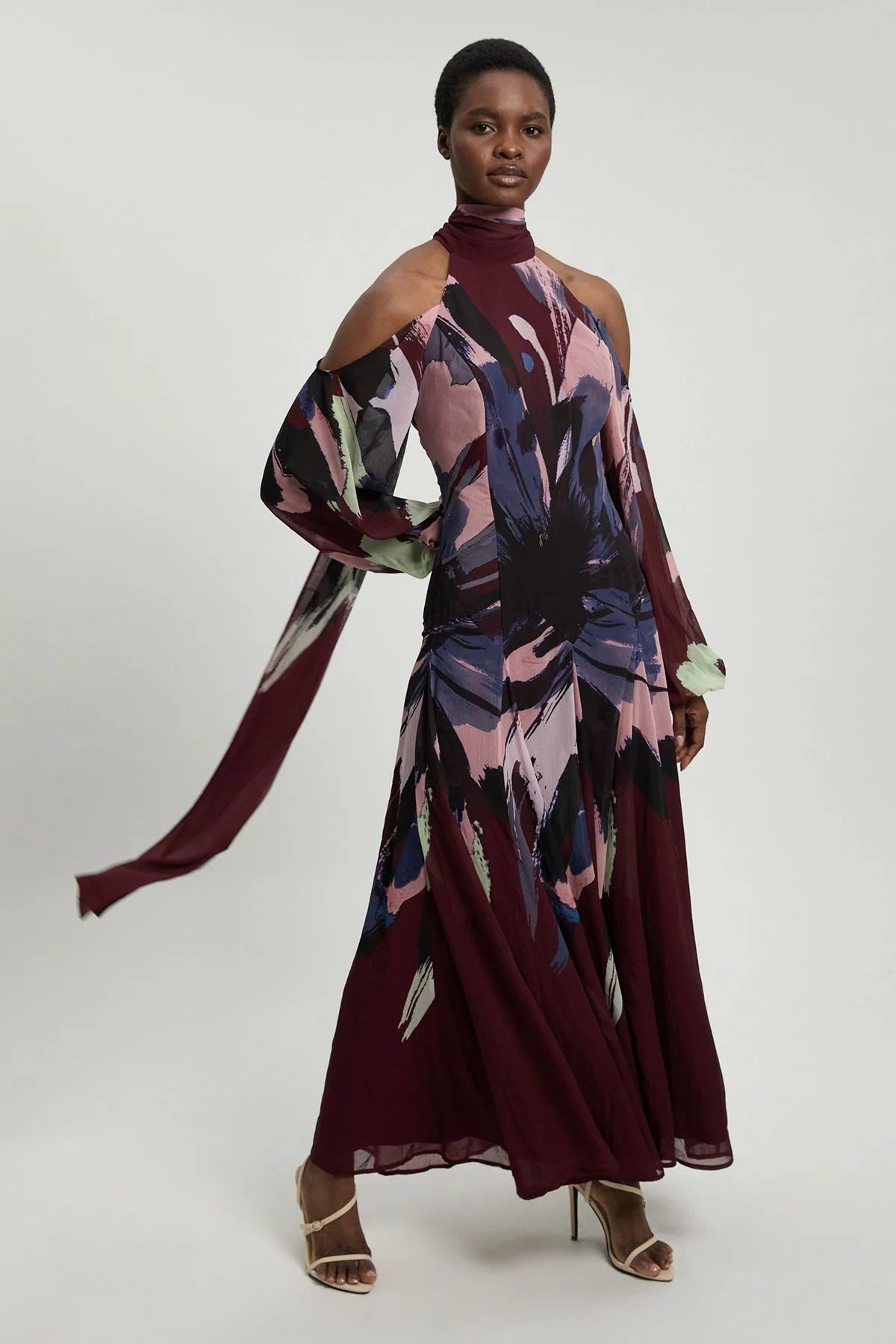 Petite Photographic Floral Crinkle Georgette High Neck Cold Shoulder Woven Maxi Dress - 1